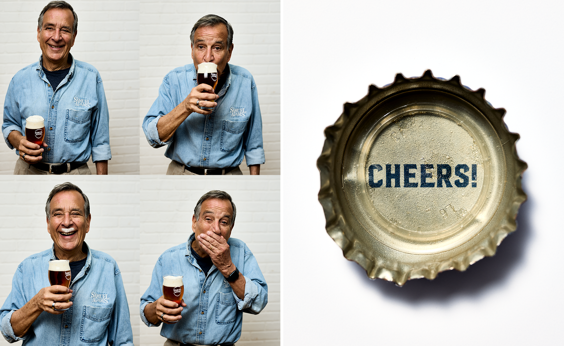 Series of four photos of an older man in a light blue denim shirt holding a glass of beer, making different facial expressions including smiling, sipping from glass, and covering his mouth, against a light-colored brick wall, with a close-up of a bot