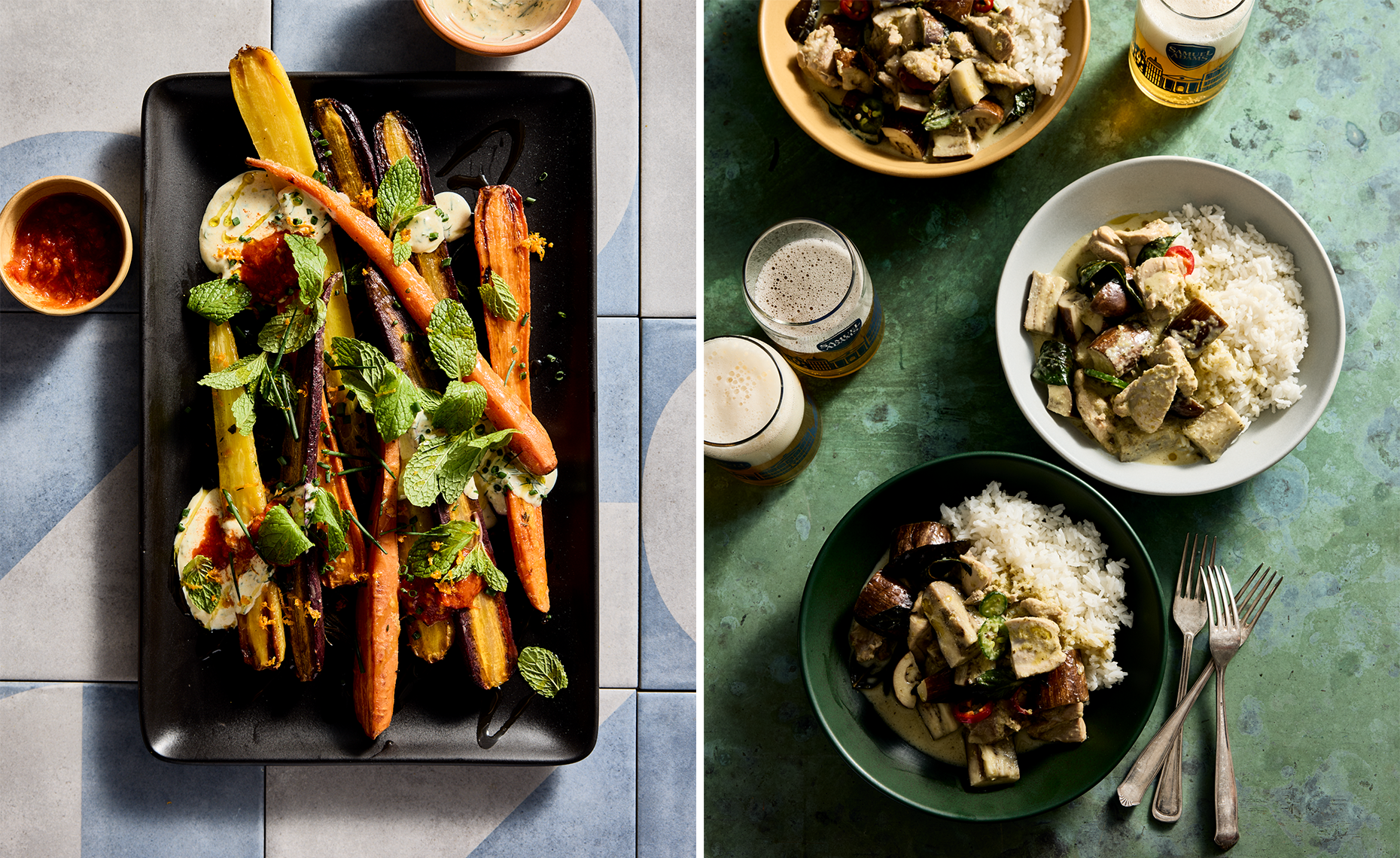 Left side: a black rectangular plate with roasted colorful carrots garnished with mint leaves, served with a small bowl of red dipping sauce. Right side: three bowls with rice topped with various vegetable and chicken curries; two glasses of beer on 