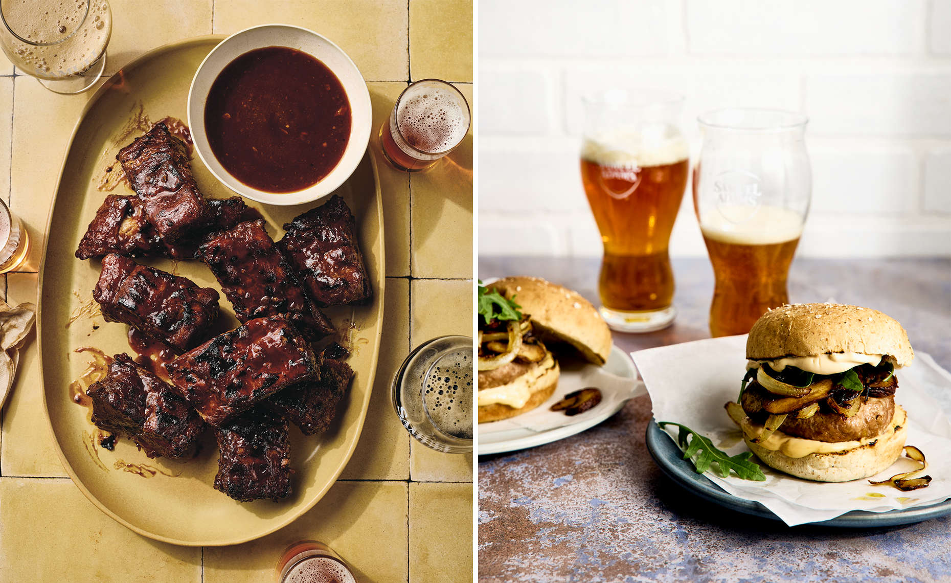 Left side shows a platter of barbecued ribs with a bowl of barbecue sauce, glasses of beer and a glass of soda on a yellow tiled table. Right side shows a sandwich burger with grilled onions and sauce, a side of more grilled onions, and glasses of be