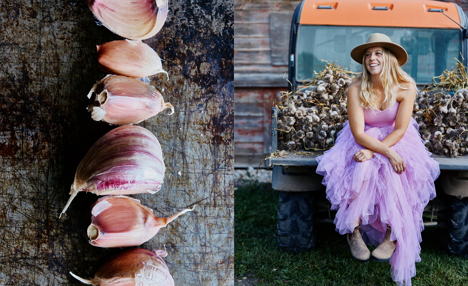A woman in a lavender dress and wide-brimmed hat sitting on a truck filled with garlic bulbs, with garlic cloves lined up on a rustic surface.