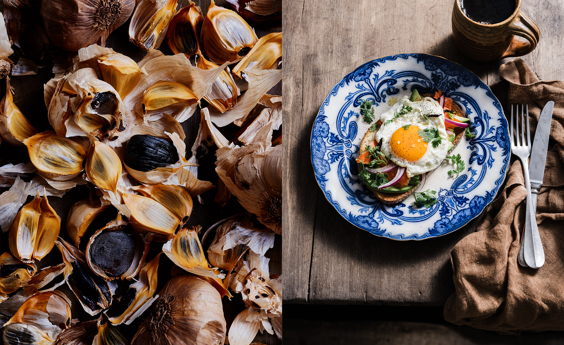 Split image showing roasted garlic on the left and a plate of avocado toast topped with a fried egg, garnished with herbs on the right, with a cup of coffee in the background.