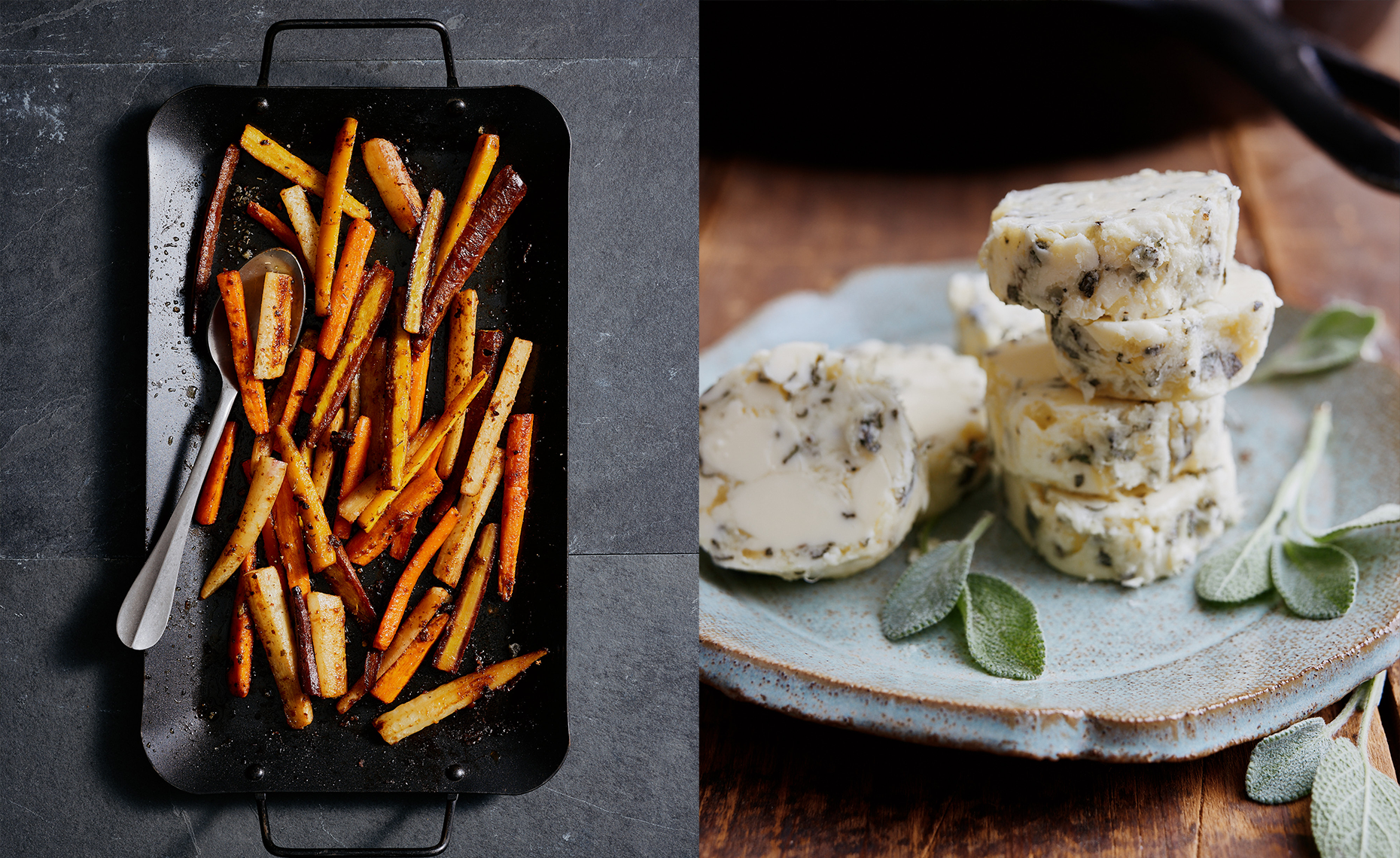 A black tray with roasted vegetable fries and a silver spoon on the left, and a blue plate with stacked pieces of herbed butter on the right.