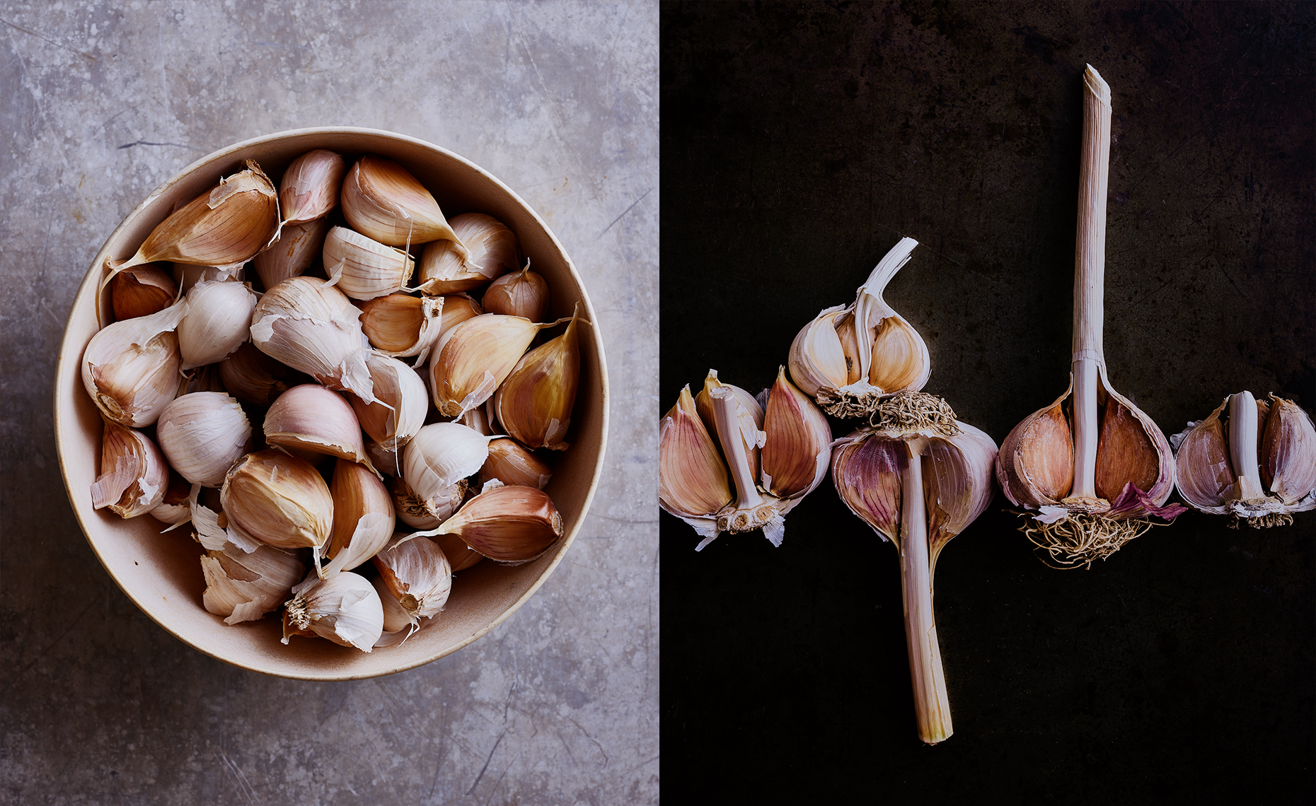 A bowl of peeled garlic cloves on the left and whole garlic bulbs with stalks on the right.
