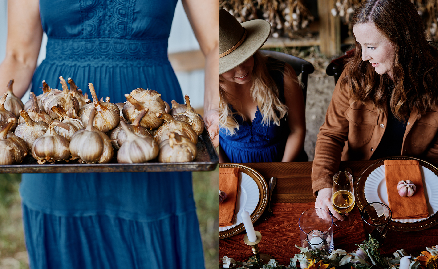 A woman in a blue dress holding a tray of garlic bulbs on the left; two women, one with a hat and one with curly hair, sitting and preparing to eat at a decorated table with plates, wine glasses, and candles on the right.