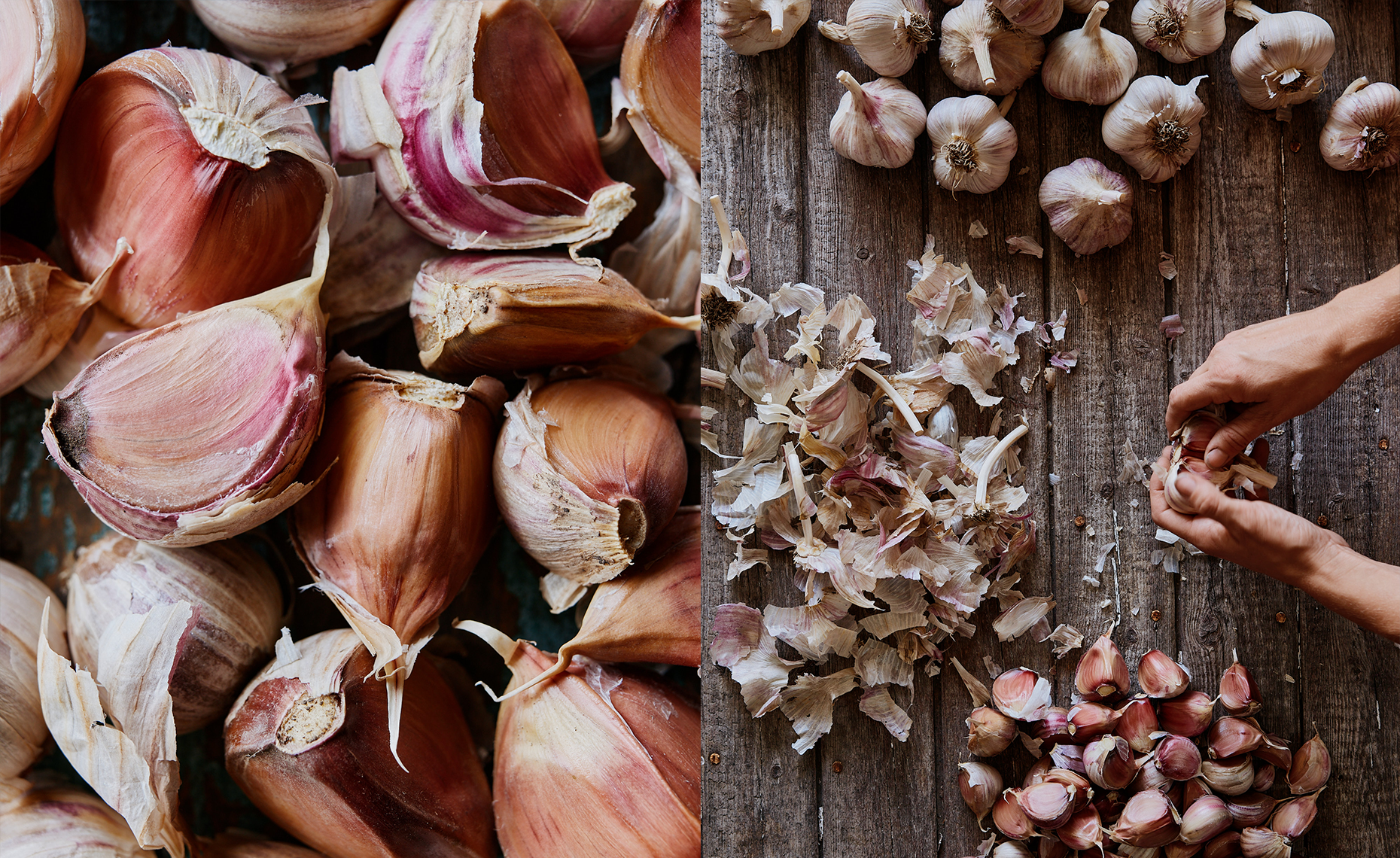 Left side shows close-up of garlic cloves with pinkish skins; right side shows a person peeling garlic bulbs on a rustic wooden surface with loose skins and garlic cloves scattered around.