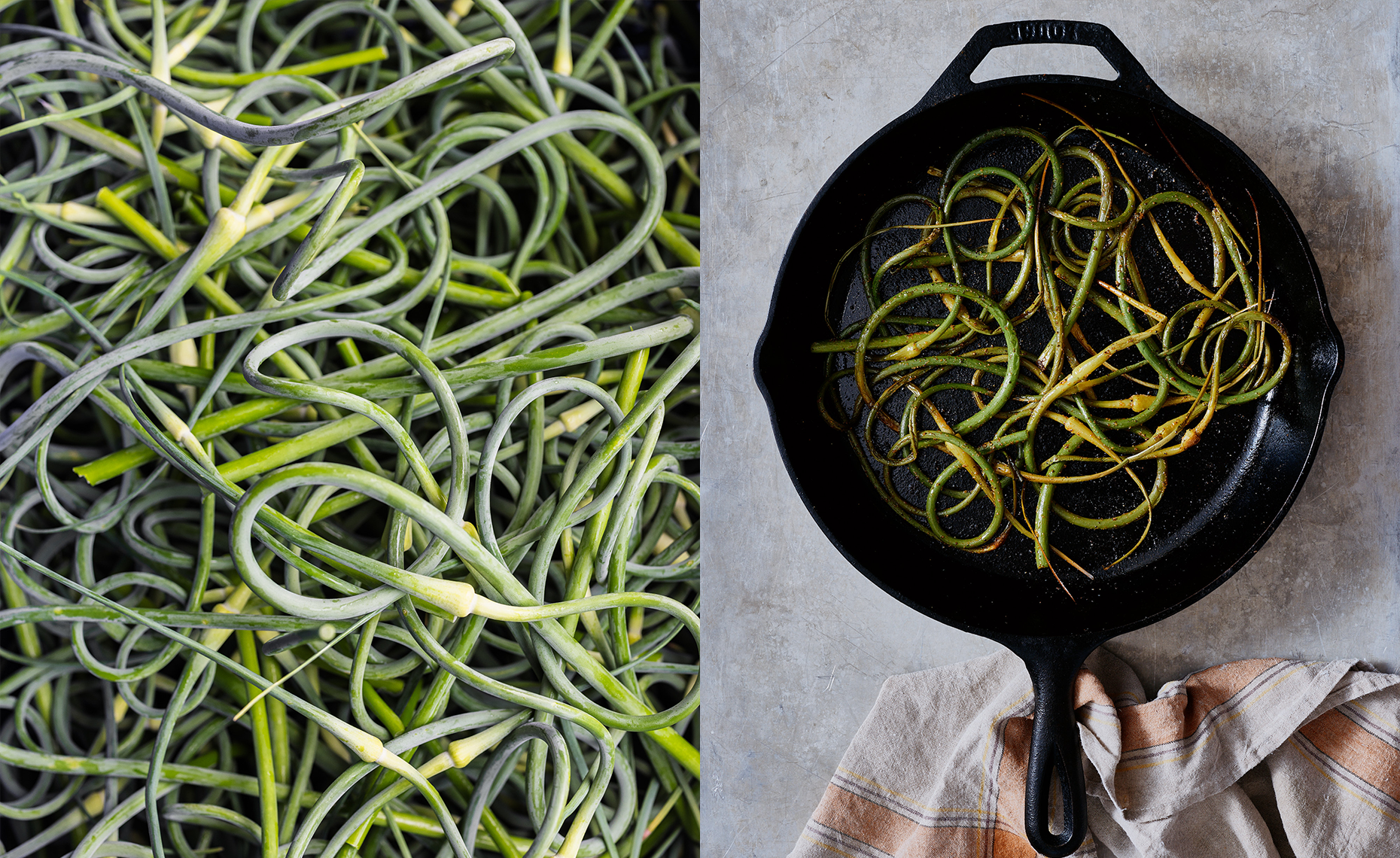 Close-up of fresh green garlic scapes on the left, and cooked garlic scapes in a black cast iron skillet on the right