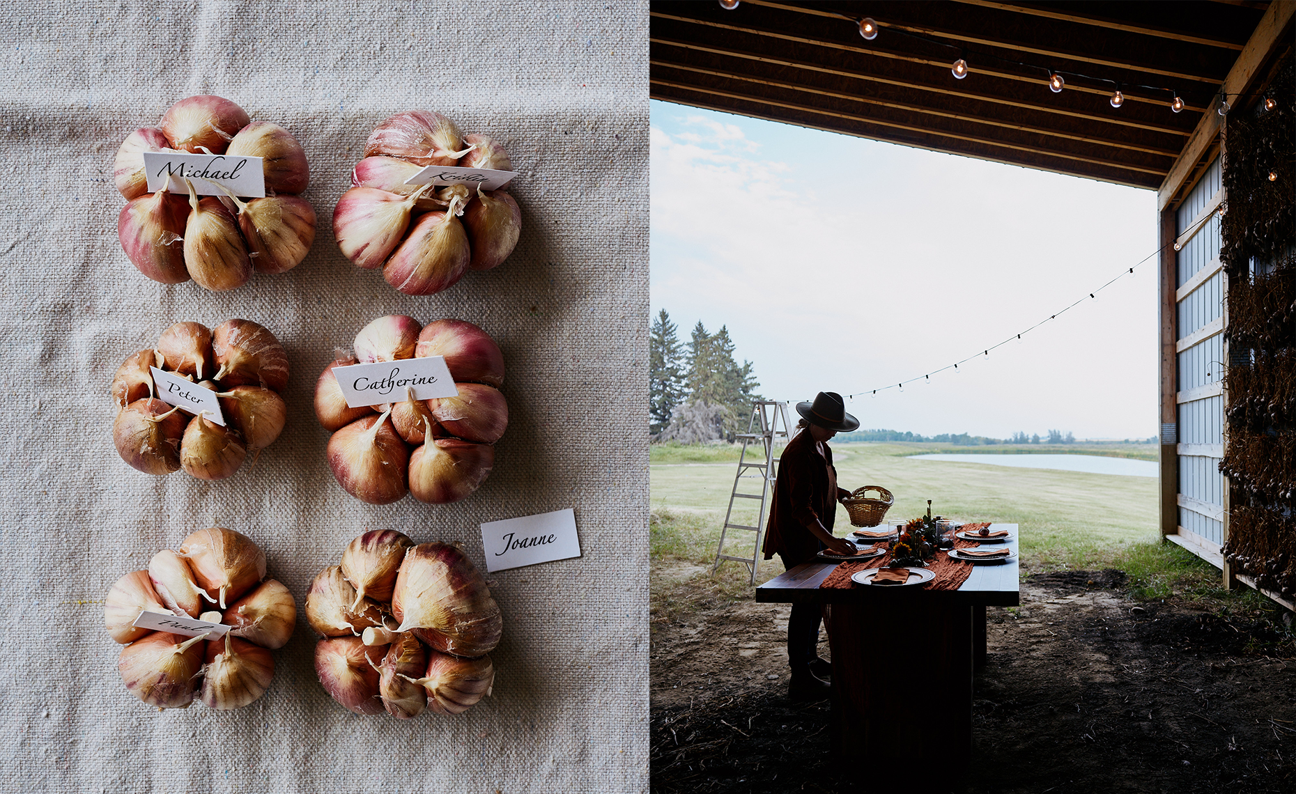 On the left, six bundles of garlic with individual labels for each name, including Michael, Catherine, Peter, Joanne, Julia, and Faye. On the right, a person in a rustic barn setting under string lights, preparing a table with dishes outside overlook