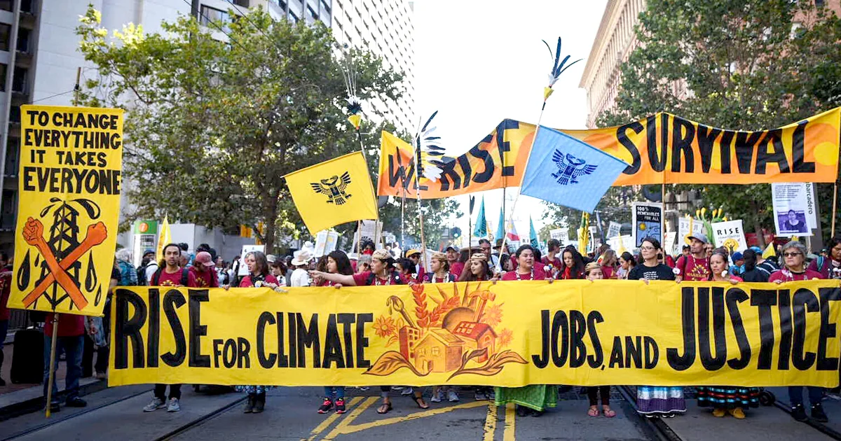 On Sept. 8, thousands of people converged in San Francisco for the “Rise for Climate, Jobs, and Justice” march, just days before the Global Climate Action Summit, demanding a phase-out of fossil fuel extraction and a just transition to a 100% renewable energy economy. Photo credit: Brooke Anderson / Survival Media Agency