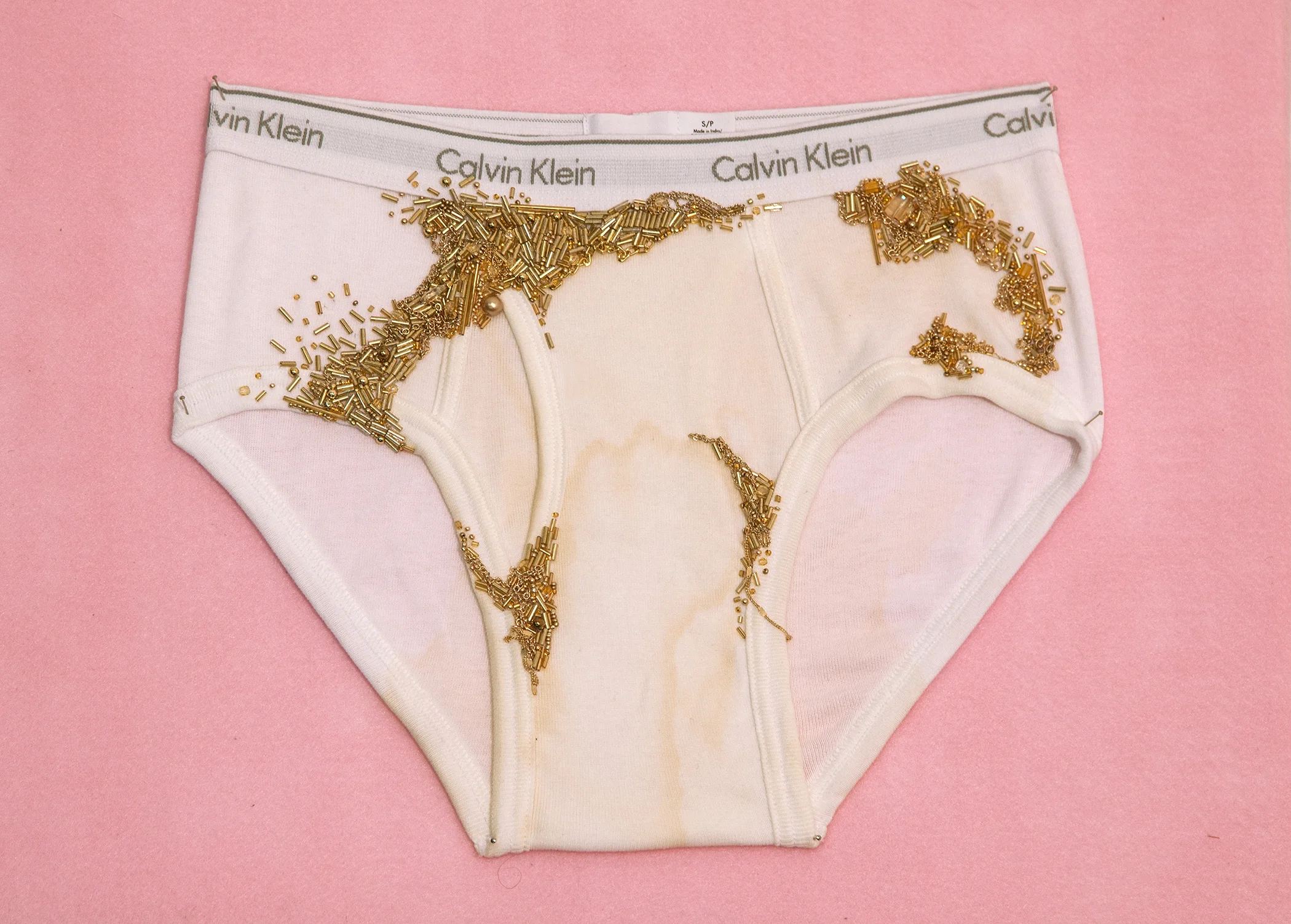 men’s brief, urine, hand-embroidered glass beads and metal chains variable dimensions - 2016