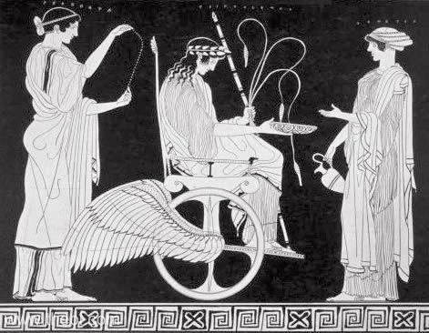 Demeter and Persephone bid the young demi-god Triptolemos adieu and send him off with their gift, the knowledge of growing cereals, to spread it around the world. Copied from a vase from about 450 B.C.E.