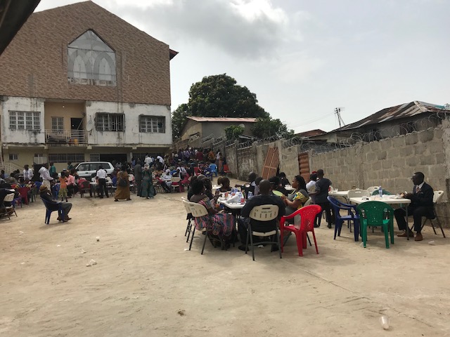  This is how Charles Davies Memorial does a church meal. &nbsp;I was placed under a canopy with the more  mature  attendees. &nbsp;Still I sweated through all my clothes. &nbsp;We ate black eyed peas in a kind of stew, sweet potato (that's white in c