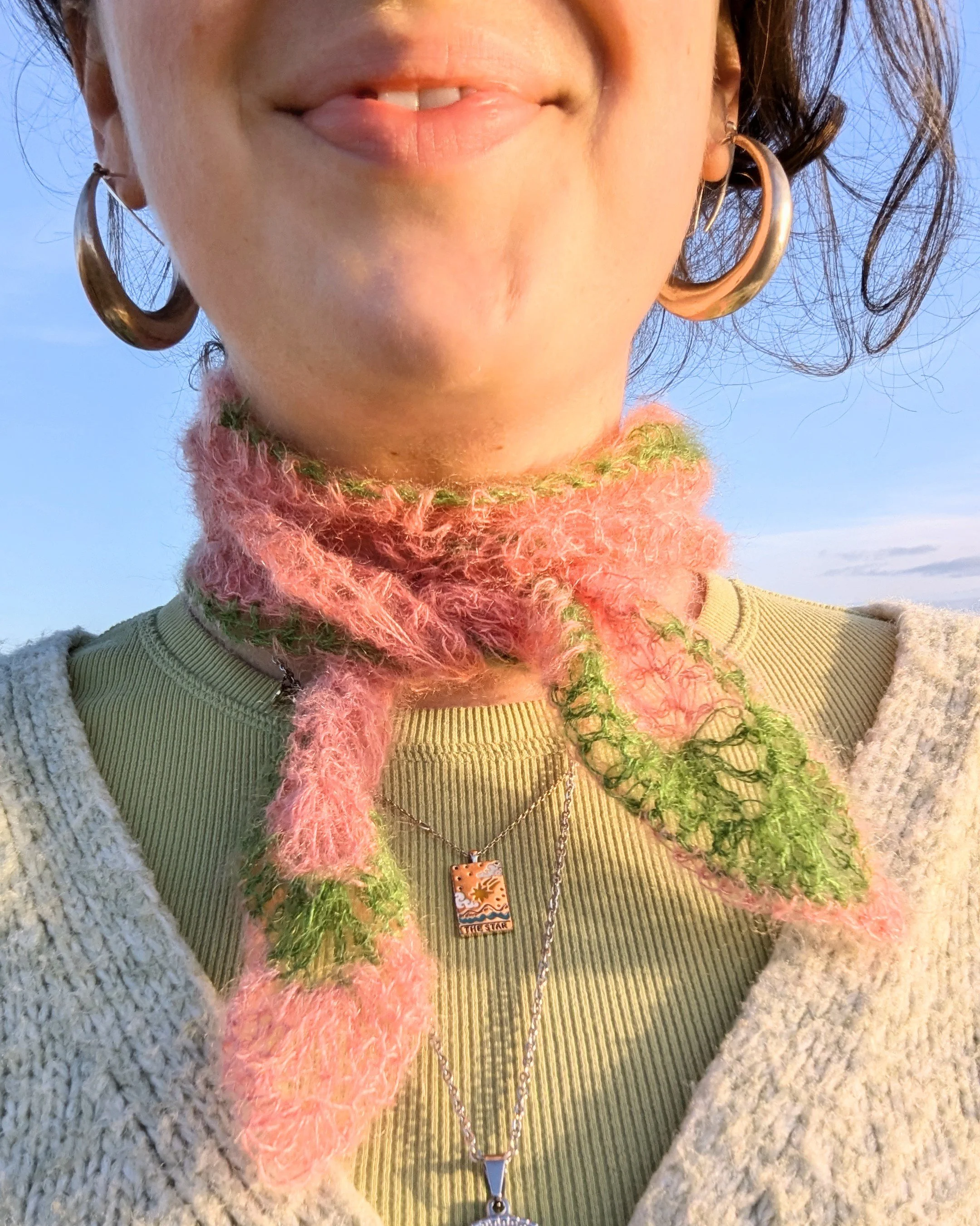 Neckerchief pink green small scarf mohair silk