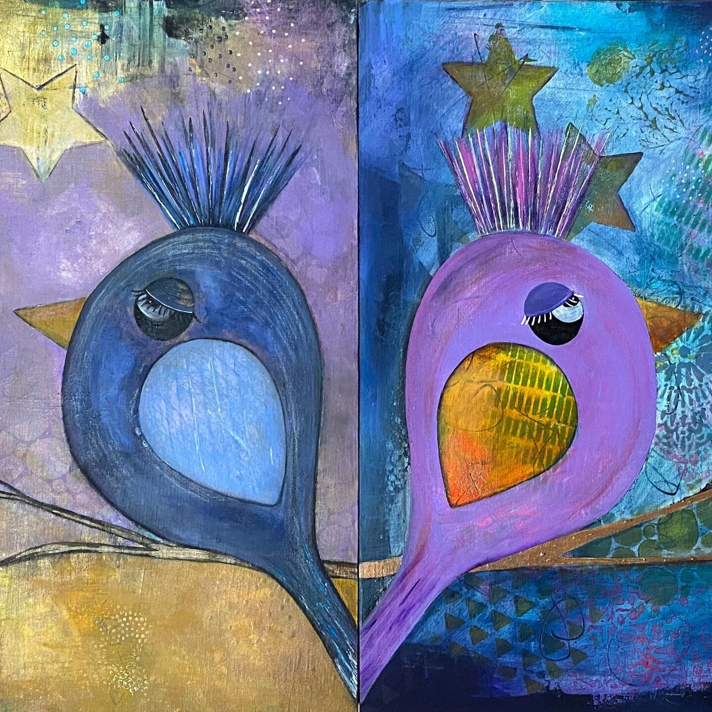 Sister Birds - Priscilla & Brittany @stylebypriscilla #birds #mixedmedia #art #sistersister #sisters #painting #creative #art #artist #stars #shine #opposites #dayandnight