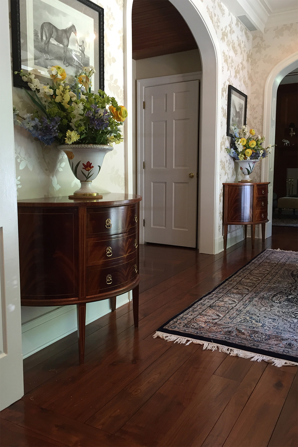 Pair of Mahogany Demilune Chests
