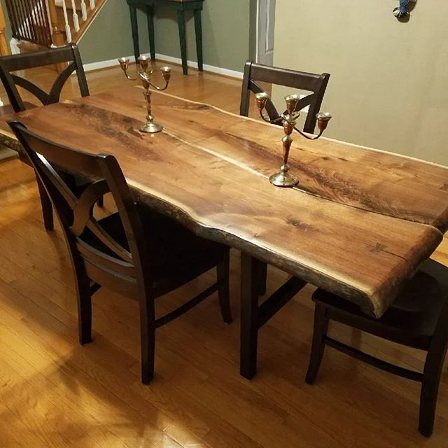 Here's a recently delivered #walnut #slab #dining table, shown from delivery day back through construction, leveling, and purchase of 2 rough #slabs at Wall Lumber in Madison, NC.