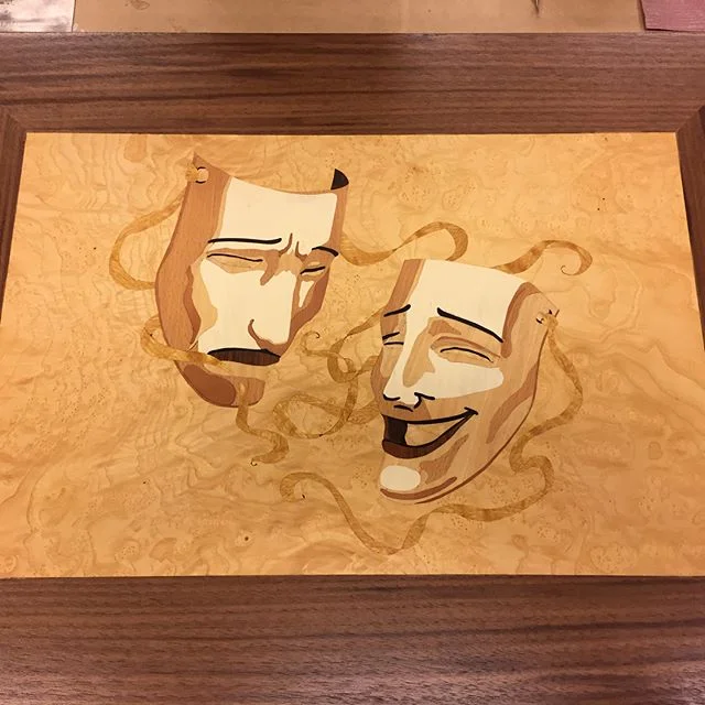 Recent #marquetry work for a #traytable I call 2TRAYS/4TABLES.  A reversible tray is paired with a turnable  base that holds the tray at coffee table height, or, end table height.  Made as a gift for a newlywed couple who are both #actors, using the 