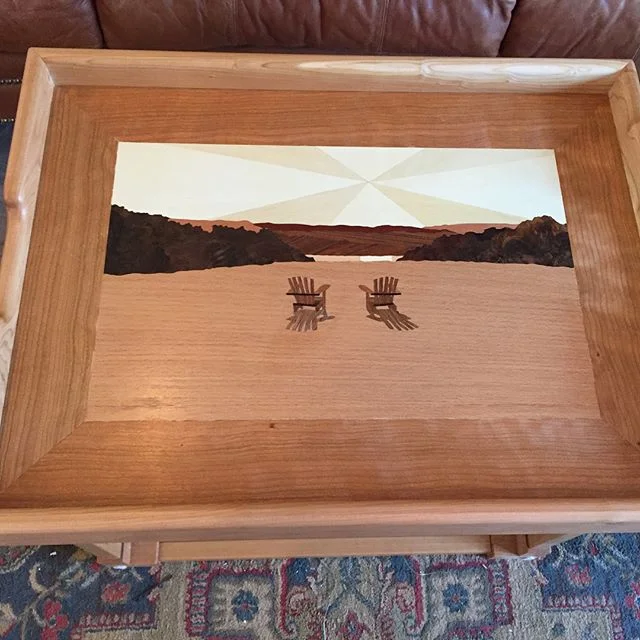 Another 2 Trays/4 Tables gift for newlyweds in Watkins Glen, NY.  They&rsquo;re owners of the Lakeside Resort, and the #marquetry work is a scene from the property that overlooks Lake Seneca.  #coffeetable #endtable #cherry