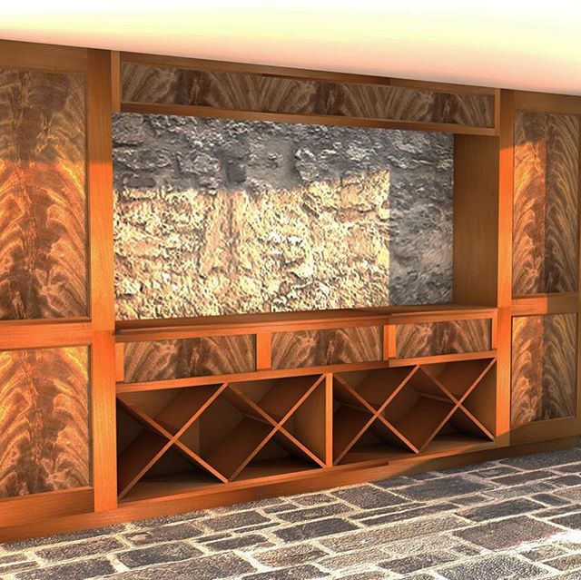 A rendering, and photos from the shop, of #mahogany #cabinetry that&rsquo;s soon to be installed in a #winecellar.