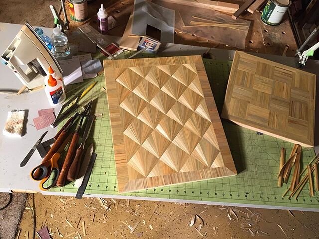 Inspired by the amazing work of Lison de Caunes (@lisondecaunes), I have been experimenting with #strawmarquetry.  These panels are decorated with straw.  It reflects light in an amazing way that looks 3-dimensional.  It requires patience, meticulous