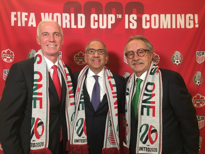 L to R, United Bid Co-Chairmen: Steven Reed (President, Canada Soccer), Carlos Cordeiro (President, U.S. Soccer), Decio de Maria (President, Federación Mexicana de Fútbol Asociación) | Photo courtesy of U.S. Soccer