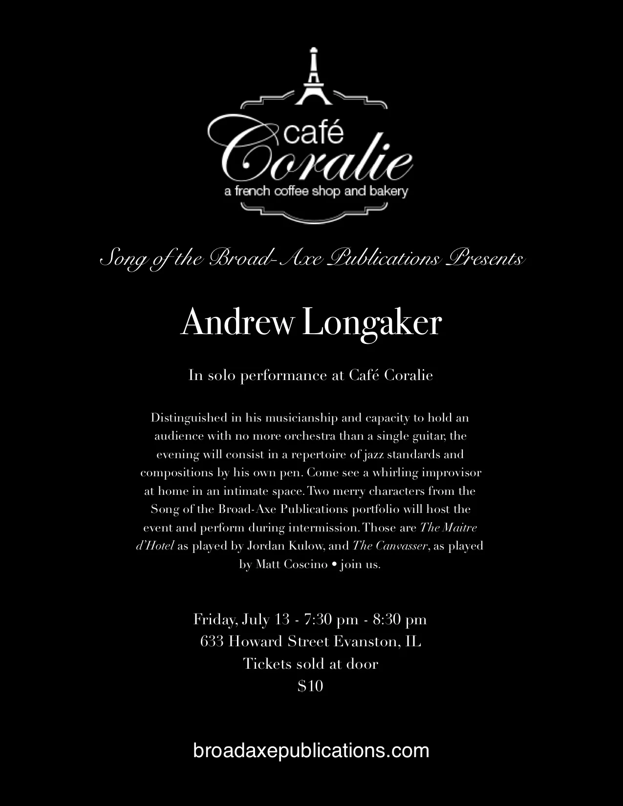 Andrew Longaker at Café Coralie Friday, July 13th; 7:30 pm - 8:30 pm