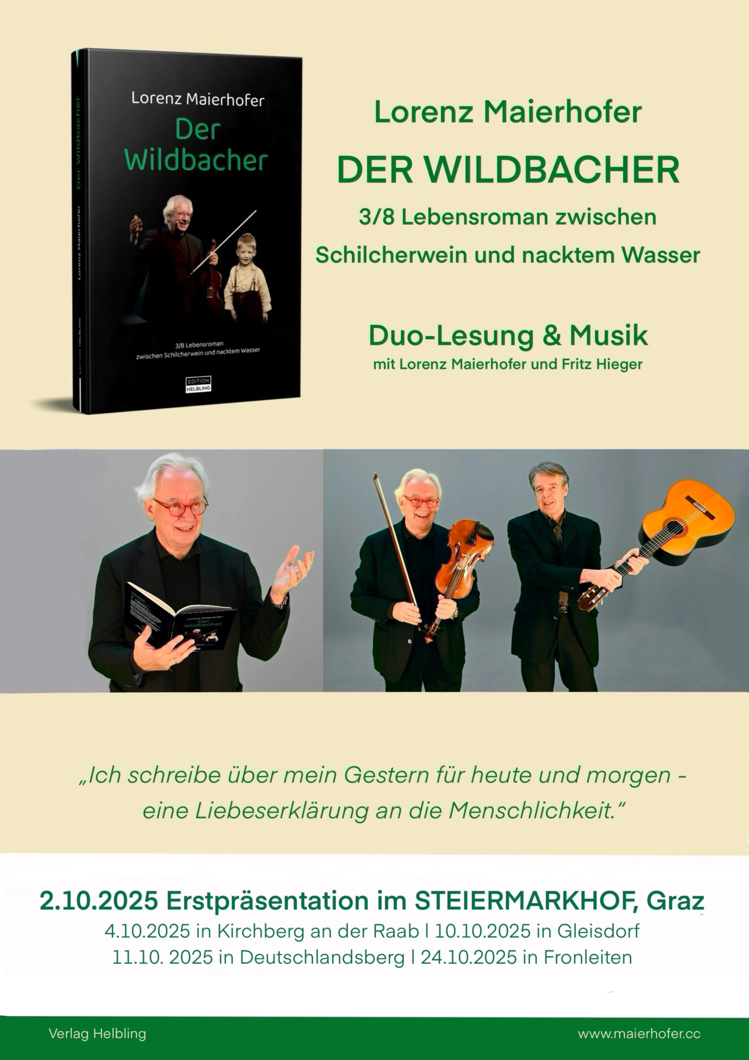 ERSTPRÄSENTATION "Der Wildbacher" - Lebensroman und Lesungen - Herbst 2025