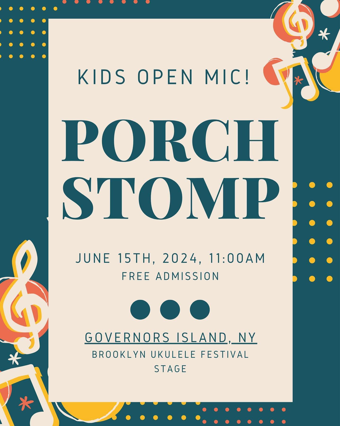For the Kids!! We are doing a Kids Open Mic at the Brooklyn Ukulele Festival Stage at Porchstomp this year! Bring your &lsquo;A&rsquo; material and see you on Governor&rsquo;s Island!

@brooklynukefest @porchstomp @gwendolynfitzmusic 

#kidsopenmic #