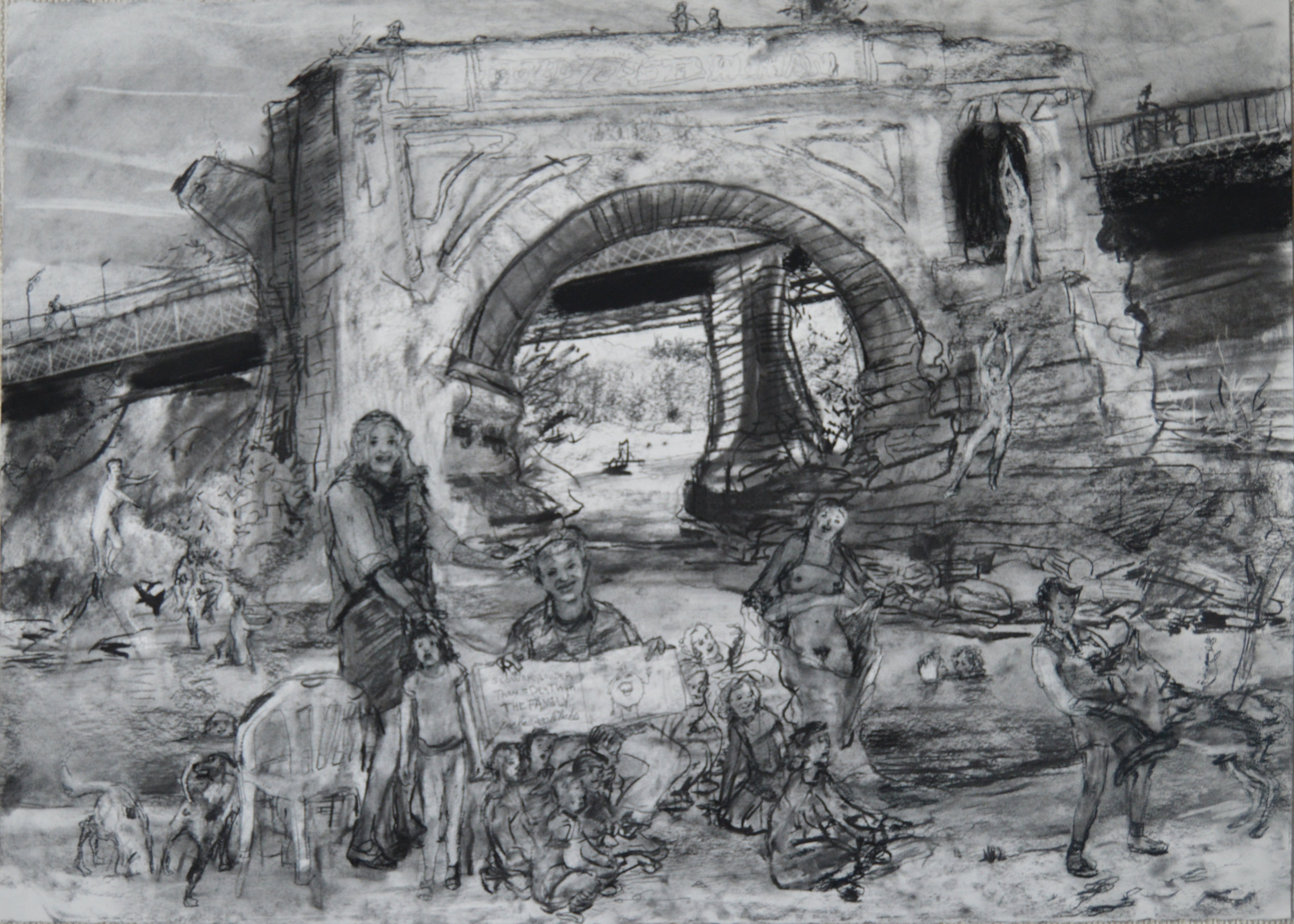 The Lost Bridge Isola Tevere Roma charcoal 28 by 40 inches 2015.jpg