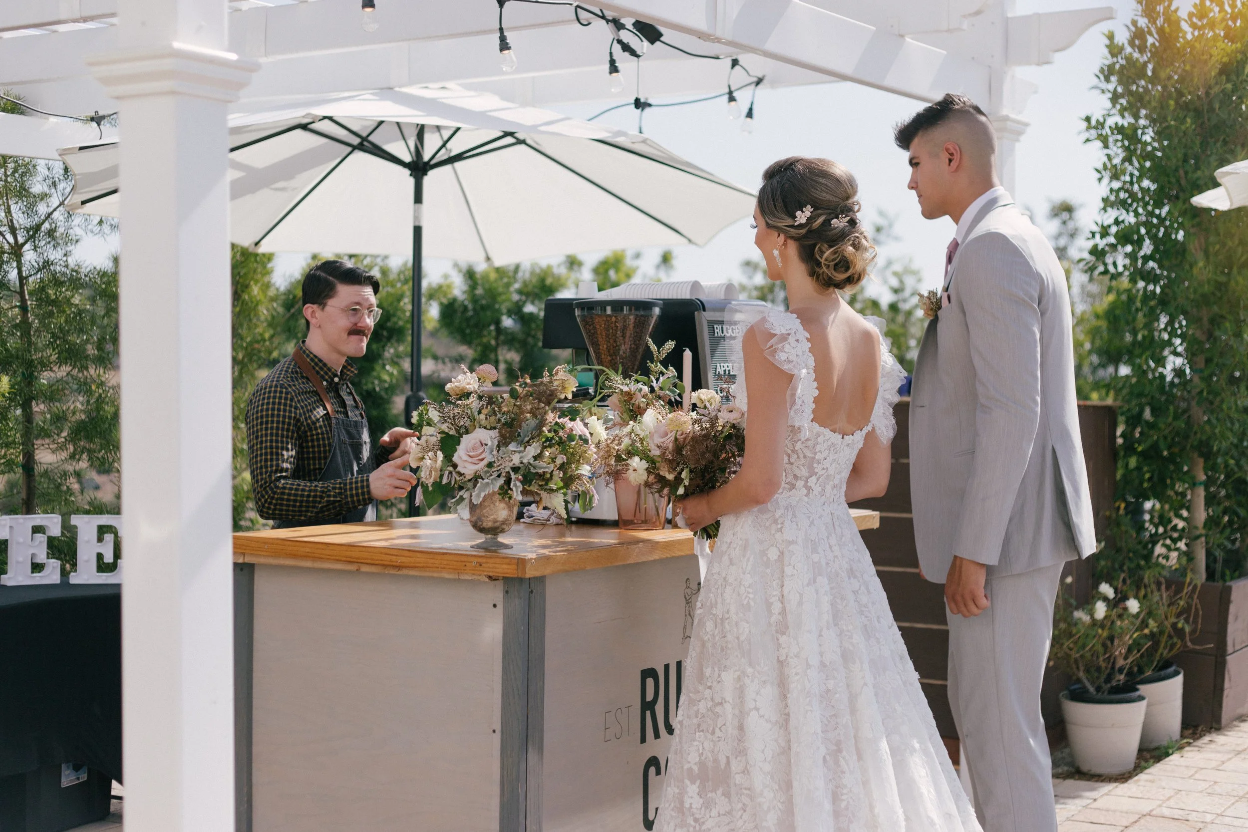 Luxury wedding espresso bar catering at an outdoor Southern California reception.