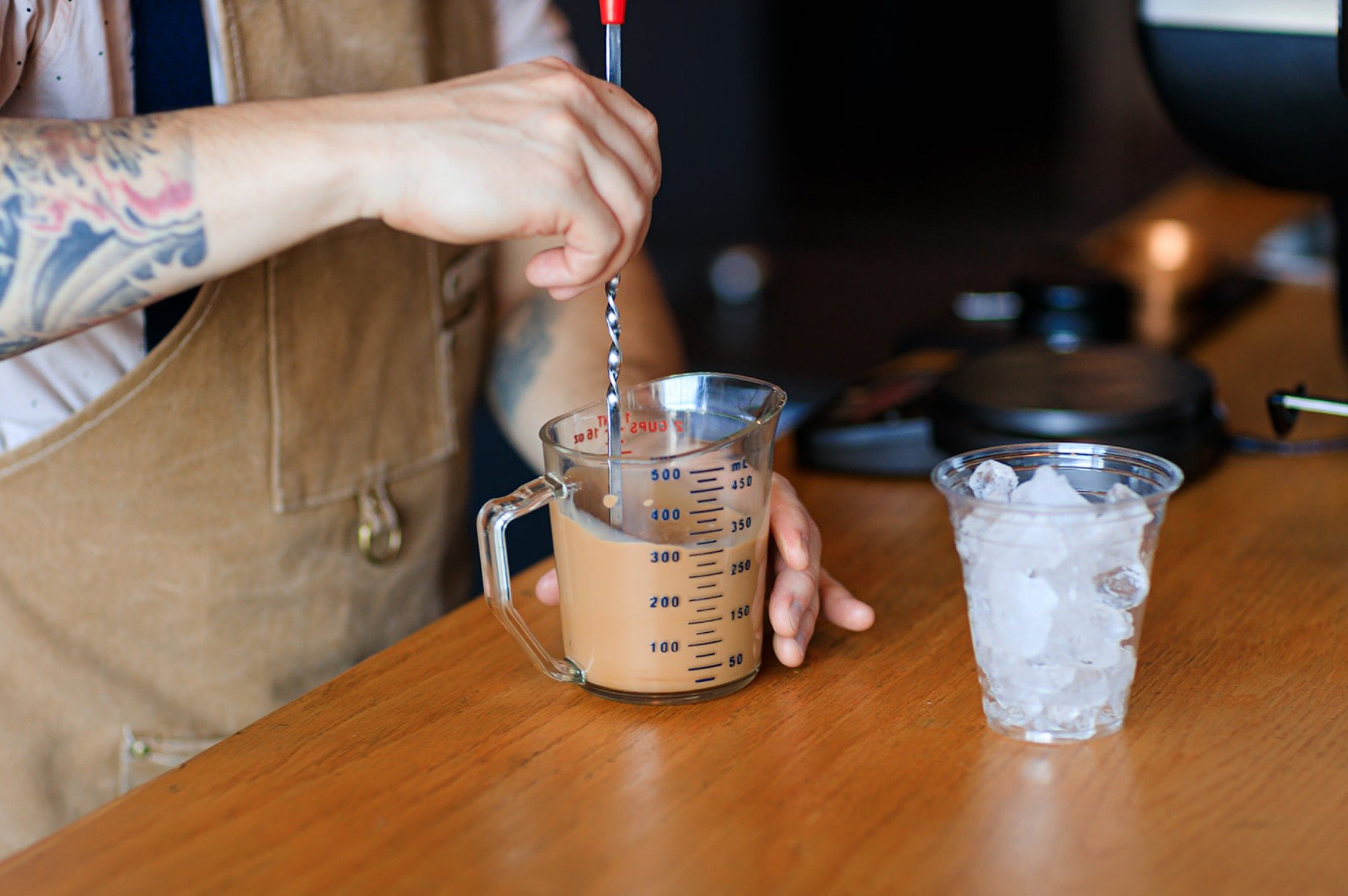Iced latte prepared by a mobile espresso bar for a corporate event