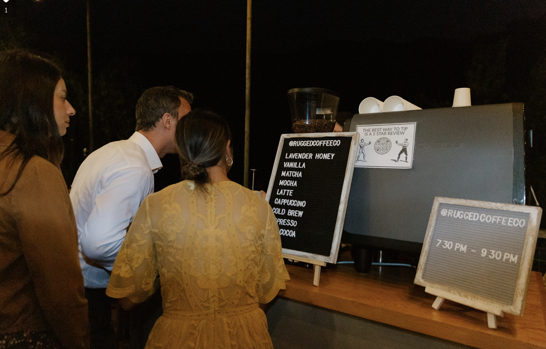 Mobile espresso bar serving guests during a late-night wedding reception