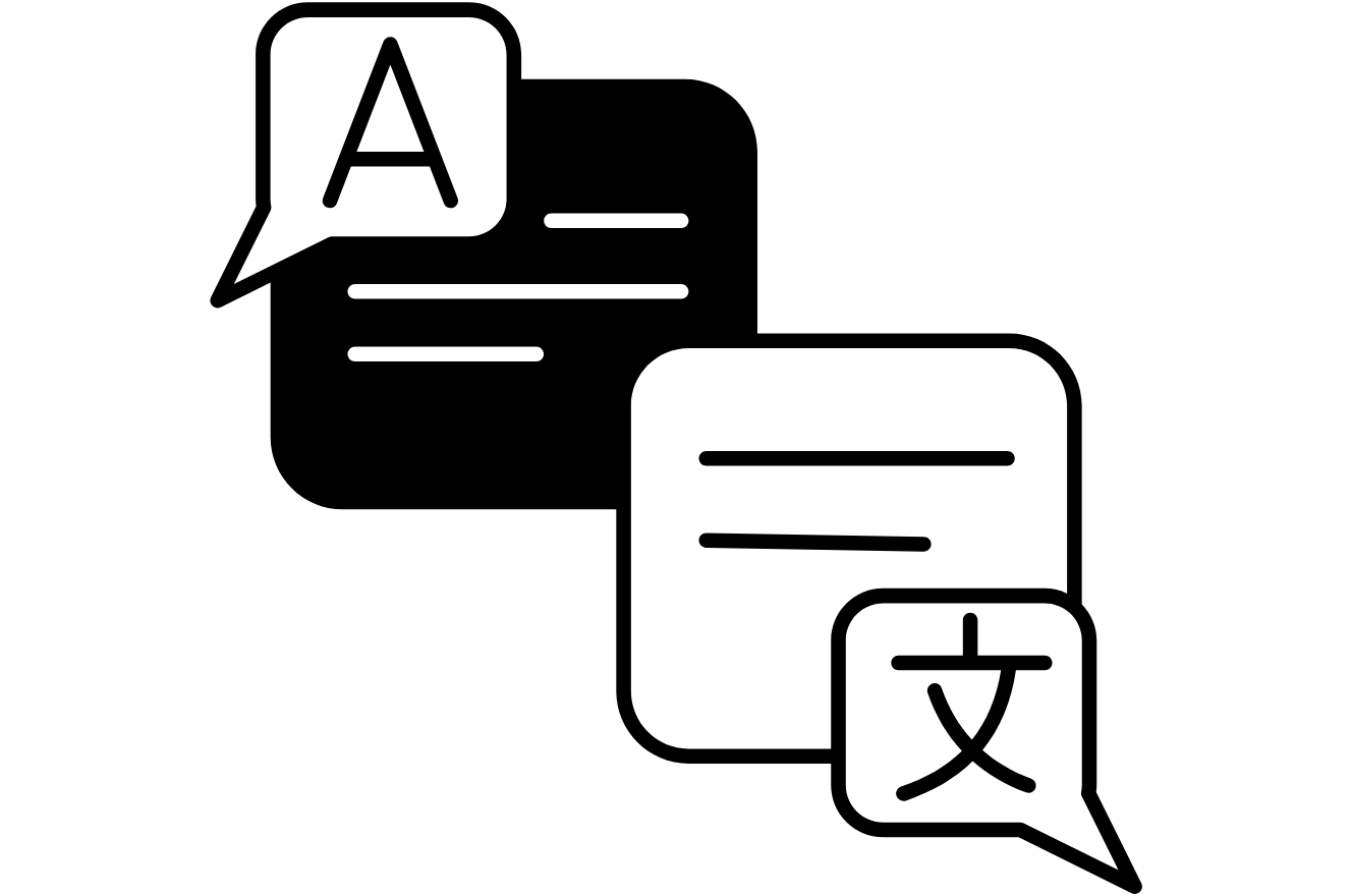 Icons representing language translation with speech bubbles, one containing the letter 'A' and a speech bubble with Chinese character.