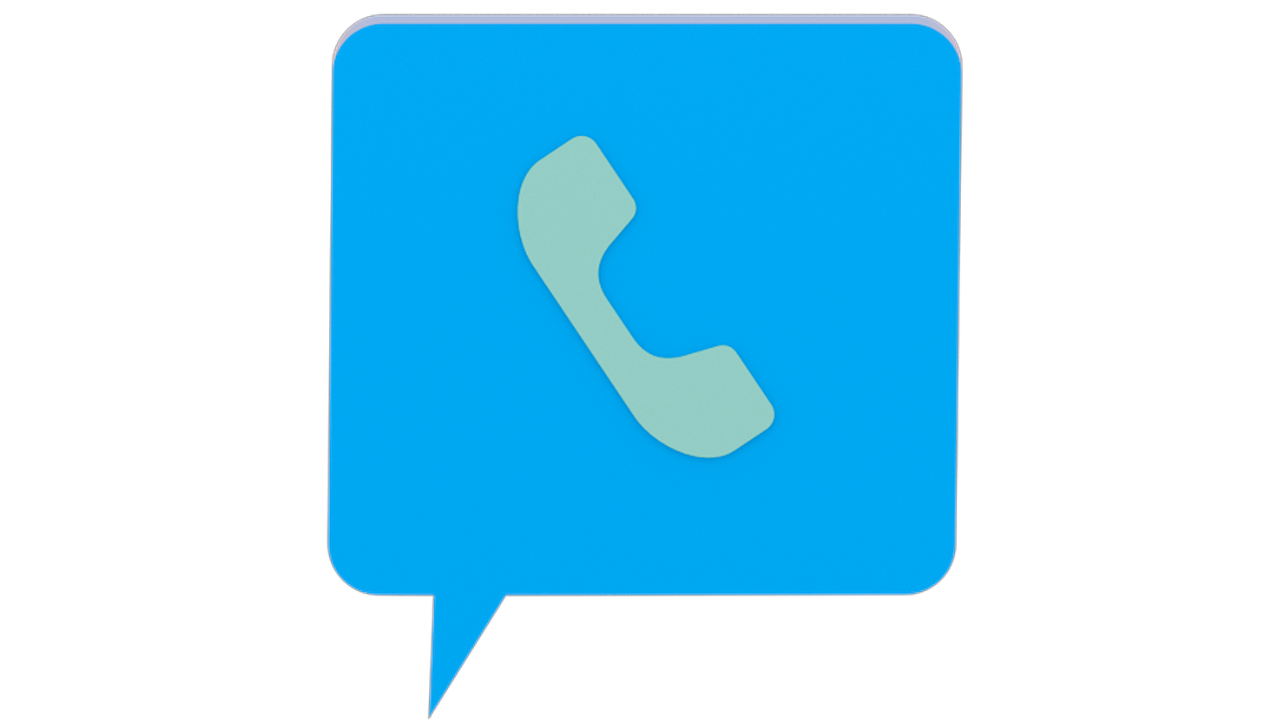 Blue chat bubble with a gray phone receiver icon inside.