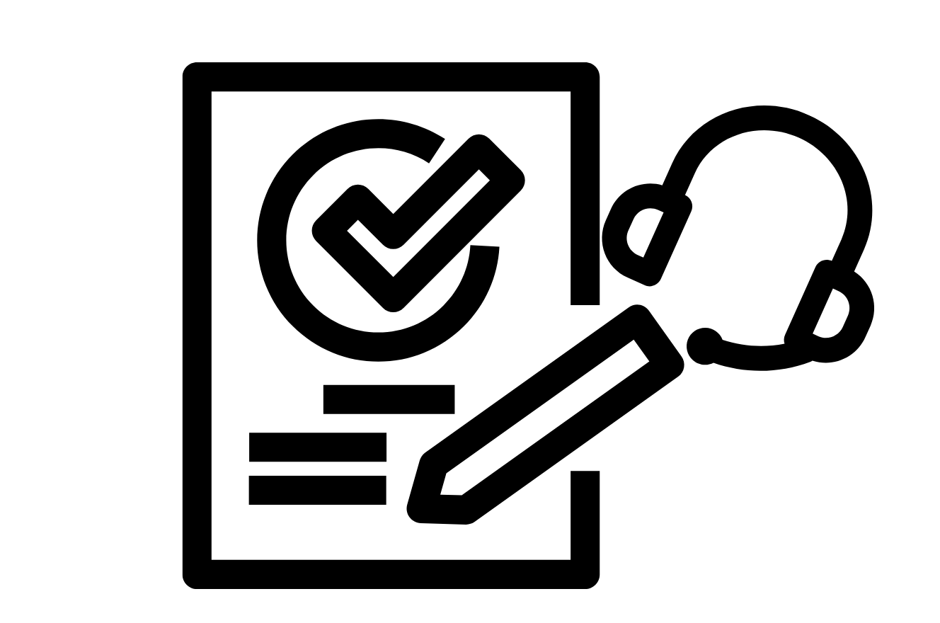Icon of a checklist document with a checkmark, a pen, and a headset.