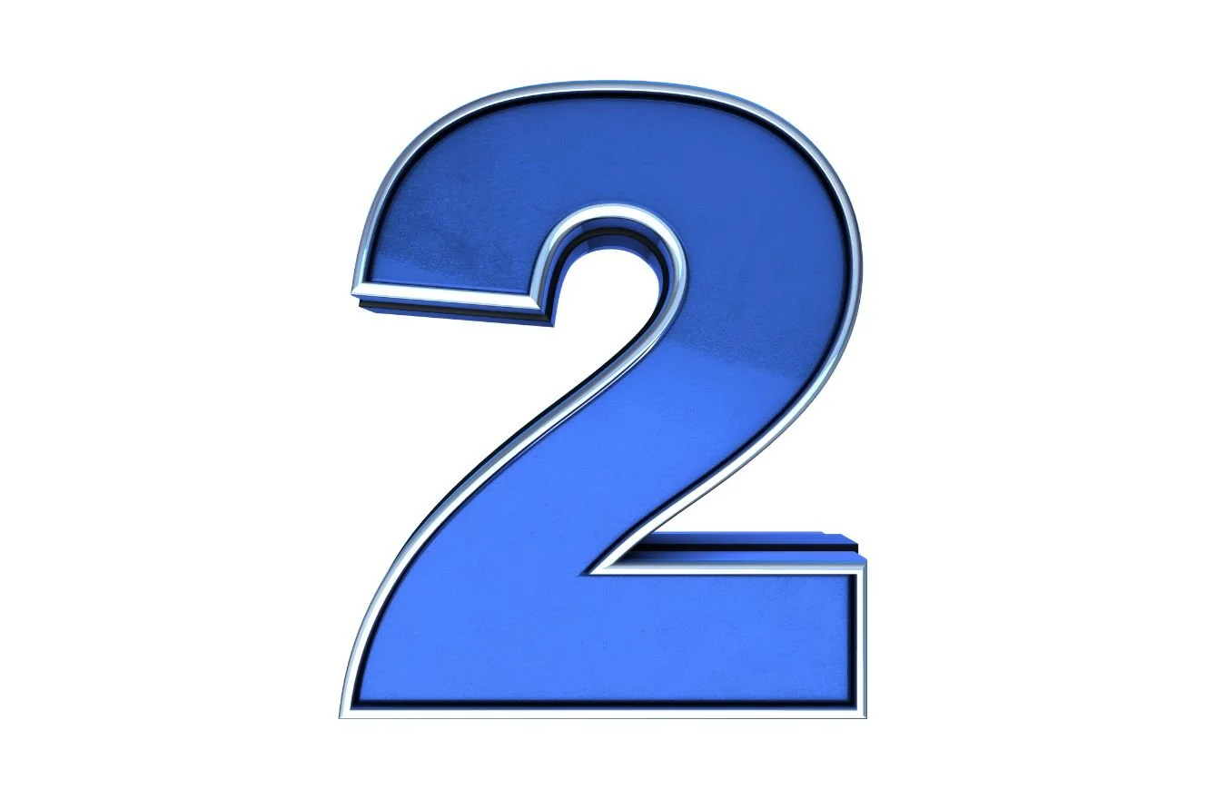 Blue metallic number two on a white background.