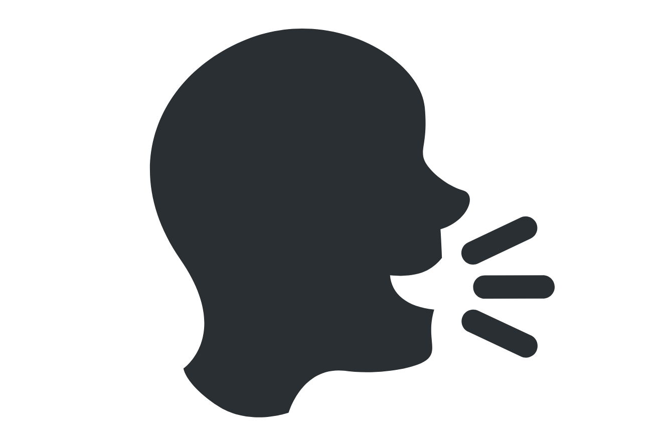 Silhouette of a person speaking or shouting with sound lines emanating from their mouth.