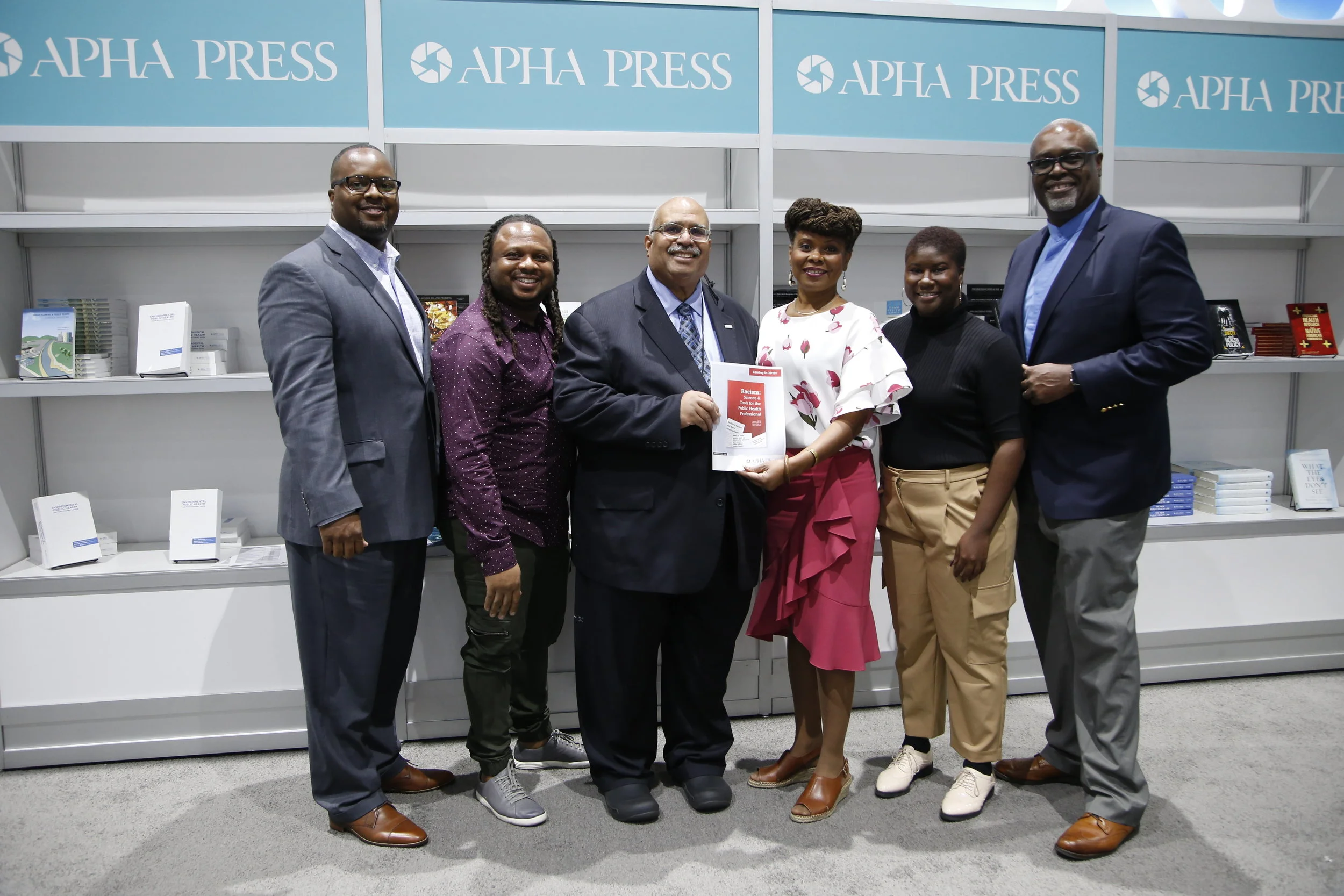 Co-editors with APHA Executive Director at the APHA 2018 Annual Meeting. Left to right, Derek M. Griffith (Vanderbilt University Center for Research on Men’s Health), Keon Gilbert (St. Louis Univ.), Georges Benjamin (APHA), Chandra Ford (UCLA Center for the Study of Racism, Social Justice & Health), Natalie Bradford (graduate student researcher) and Marino Bruce (Vanderbilt University Center for Research on Men’s Health and Jackson State University).