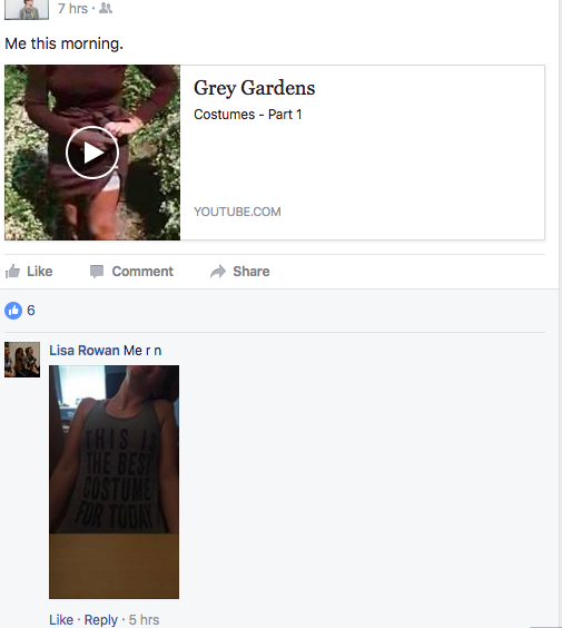 About 14 minutes after we captured a short comment about Grey Gardens and Lisa’s top in episode 125, Lisa got on Facebook and found THIS. And obviously responded. Tank: Michelle Brusegaard