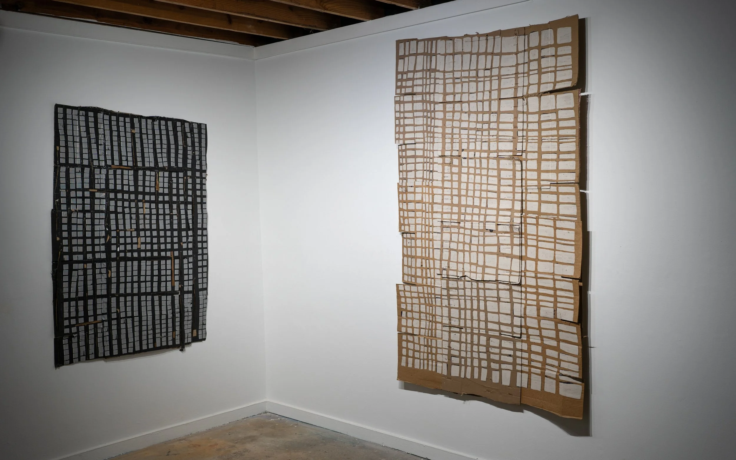 Available woven assemblage panels by Calvin Brett installed in a gallery corner