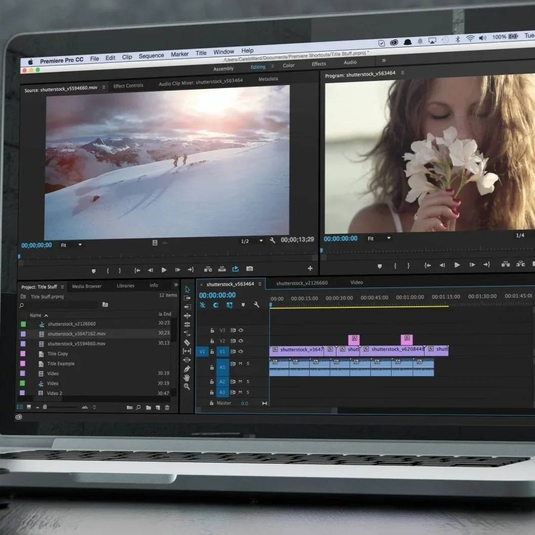 Laptop screen displaying video editing software with two video clips; one of snow-covered mountains with hikers, and the other of a woman holding and smelling a white flower.