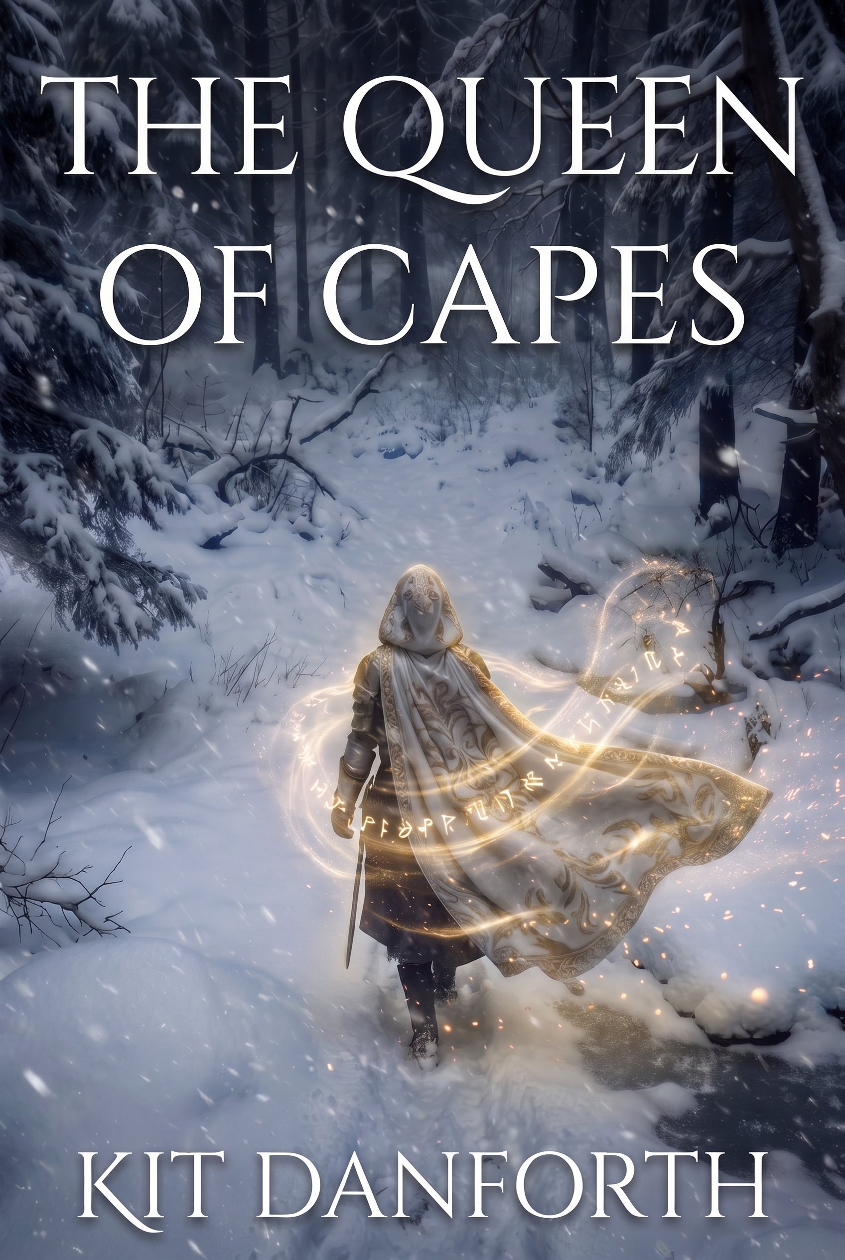 The cover of a book titled 'Queen of Capes' by Kit Danforth. A person dressed in medieval or fantasy-inspired clothing riding a horse through a snowy, forested landscape at dusk. There are magical glowing runes or symbols swirling around the rider.
