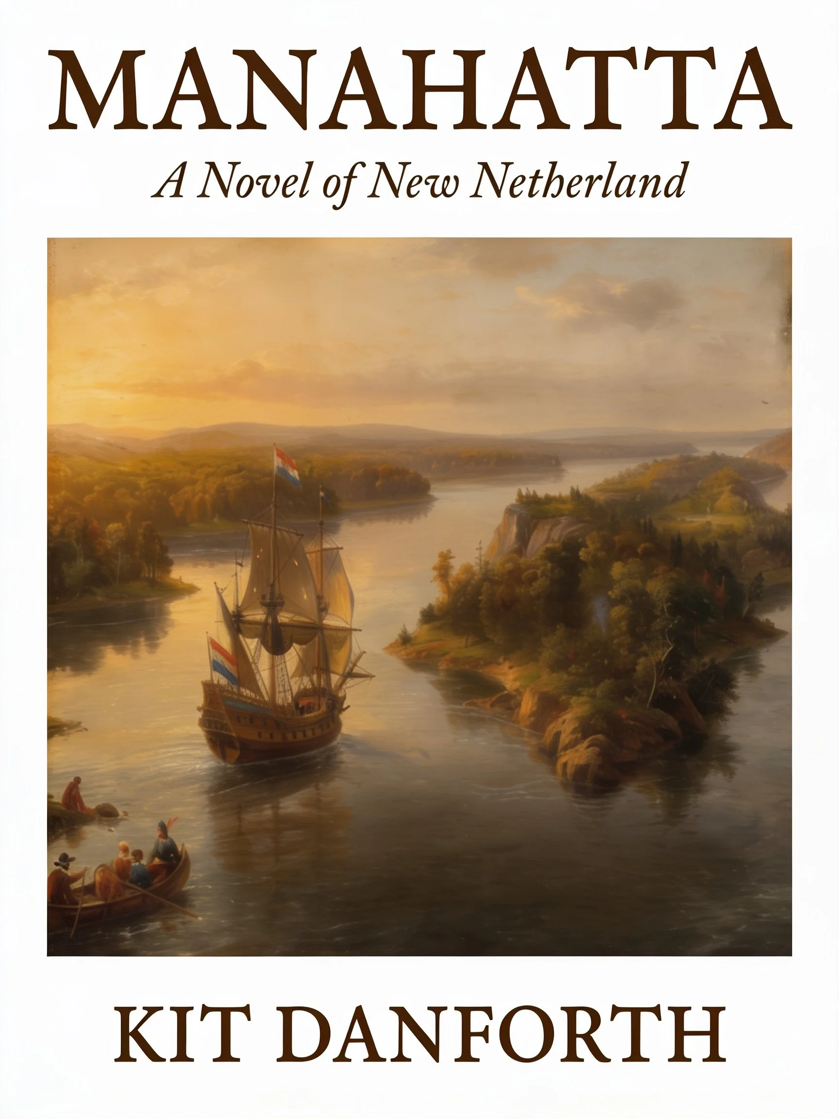 Book cover titled 'Manhatt a: A Novel of New Netherland' by Kit Danforth, featuring a painting of a river landscape with a sailing ship and smaller boats, surrounded by trees and hills at sunset.