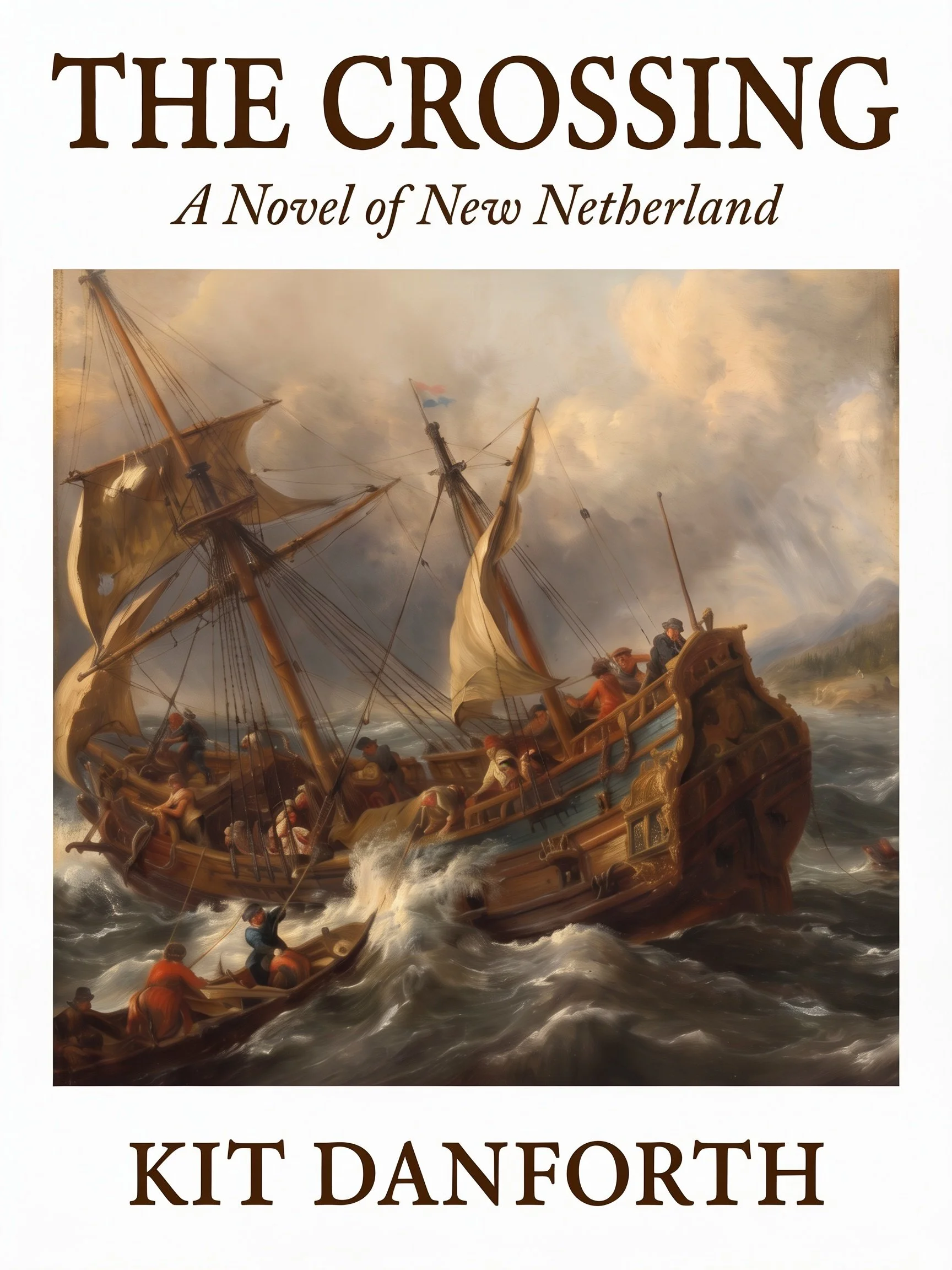 Book cover with a painting of a sailing ship at sea with waves and clouds, titled 'The Crossing: A Novel of New Netherland' by Kit Danforth.