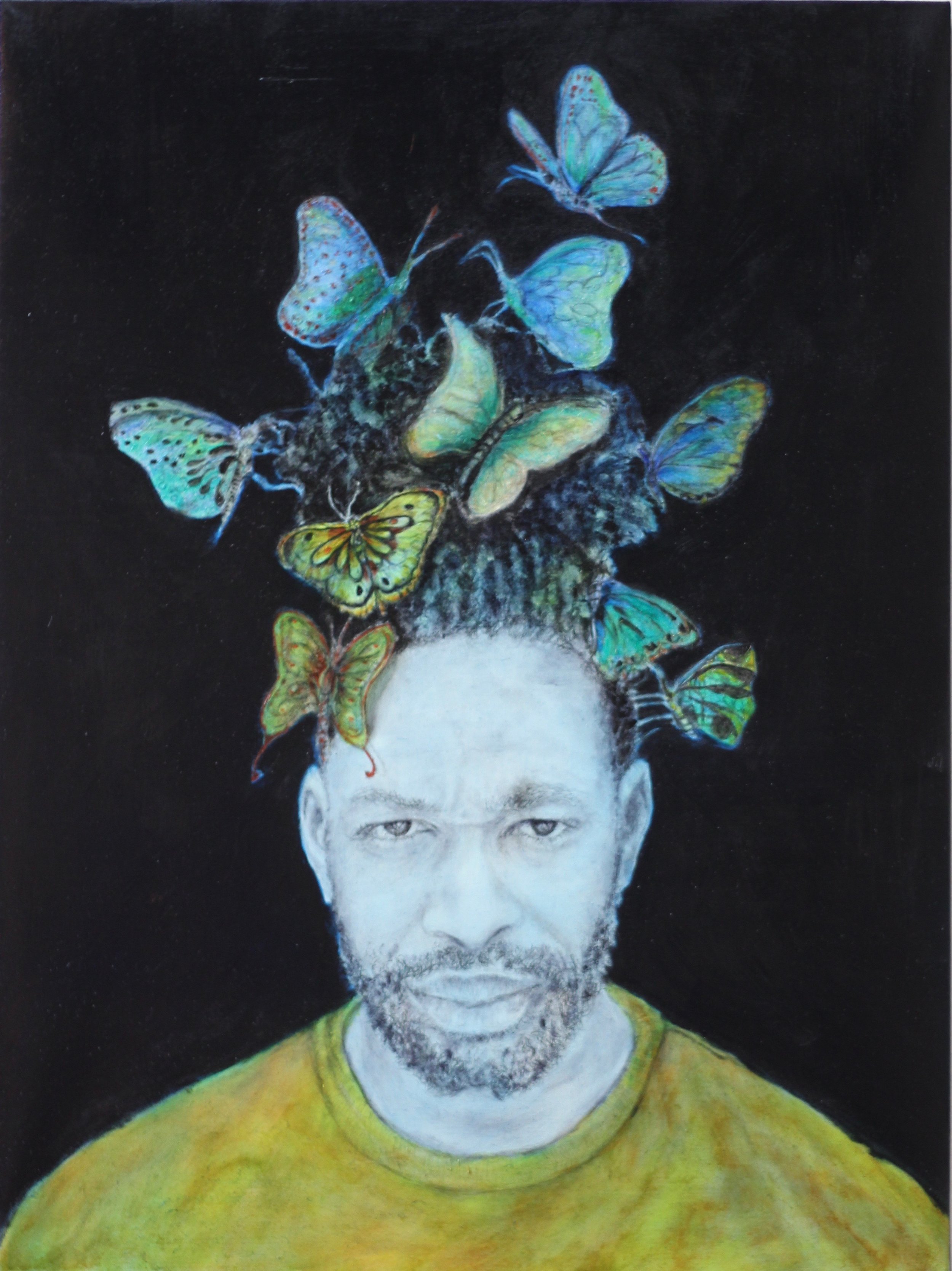 "Of Human Survival - Plight of the Butterflies", 28"x24", charcoal, graphite and oil on canvas on woodboard, 2018.