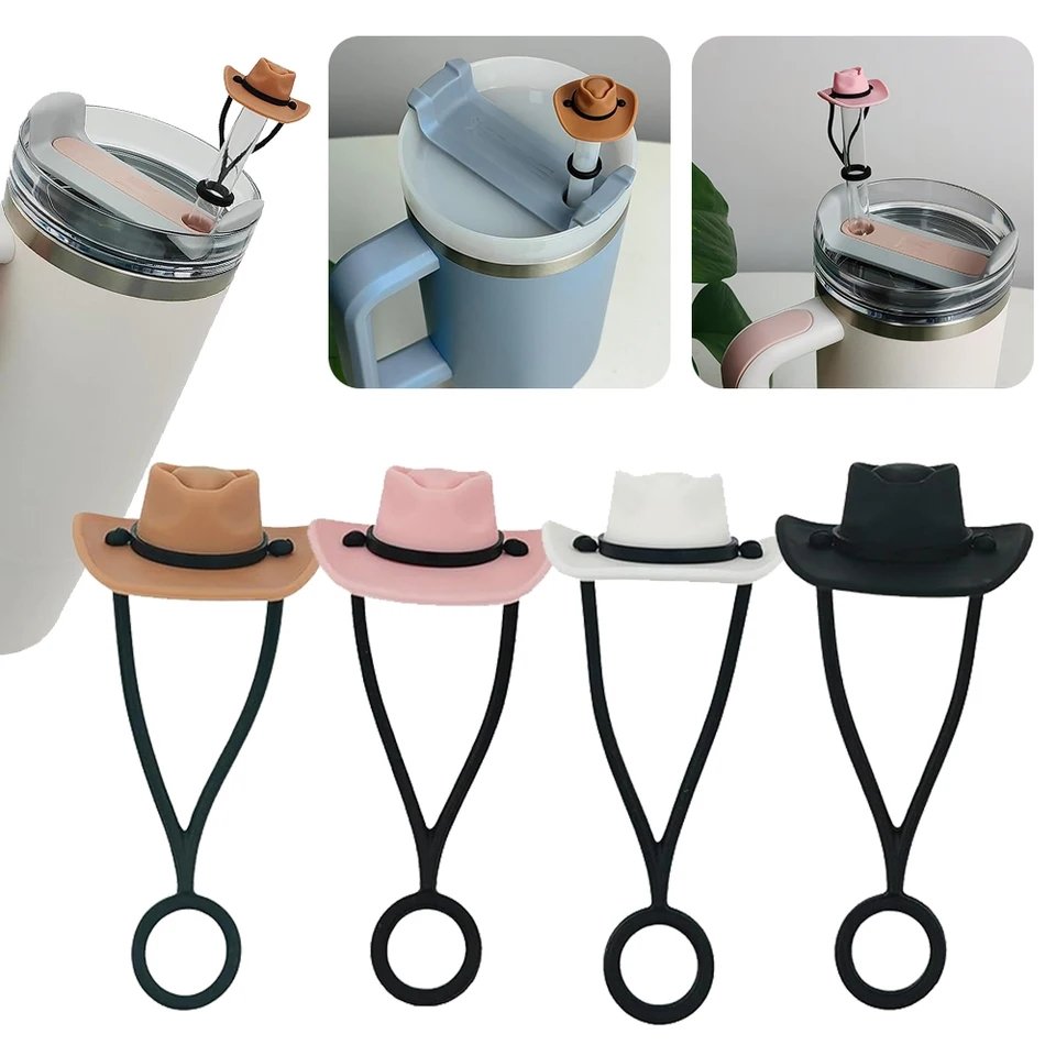 thumbnail image 2 of 10Pcs Cowboy Hat Straw Cover Topper For Stanley Cup 30&40 Oz Silicone 10mm Straw Cap Cute Tumbler Cup Charms Reusable Funny Accessories For Stanley Cup Black Pink Dust-Proof Cover Cow Western 2 of 9