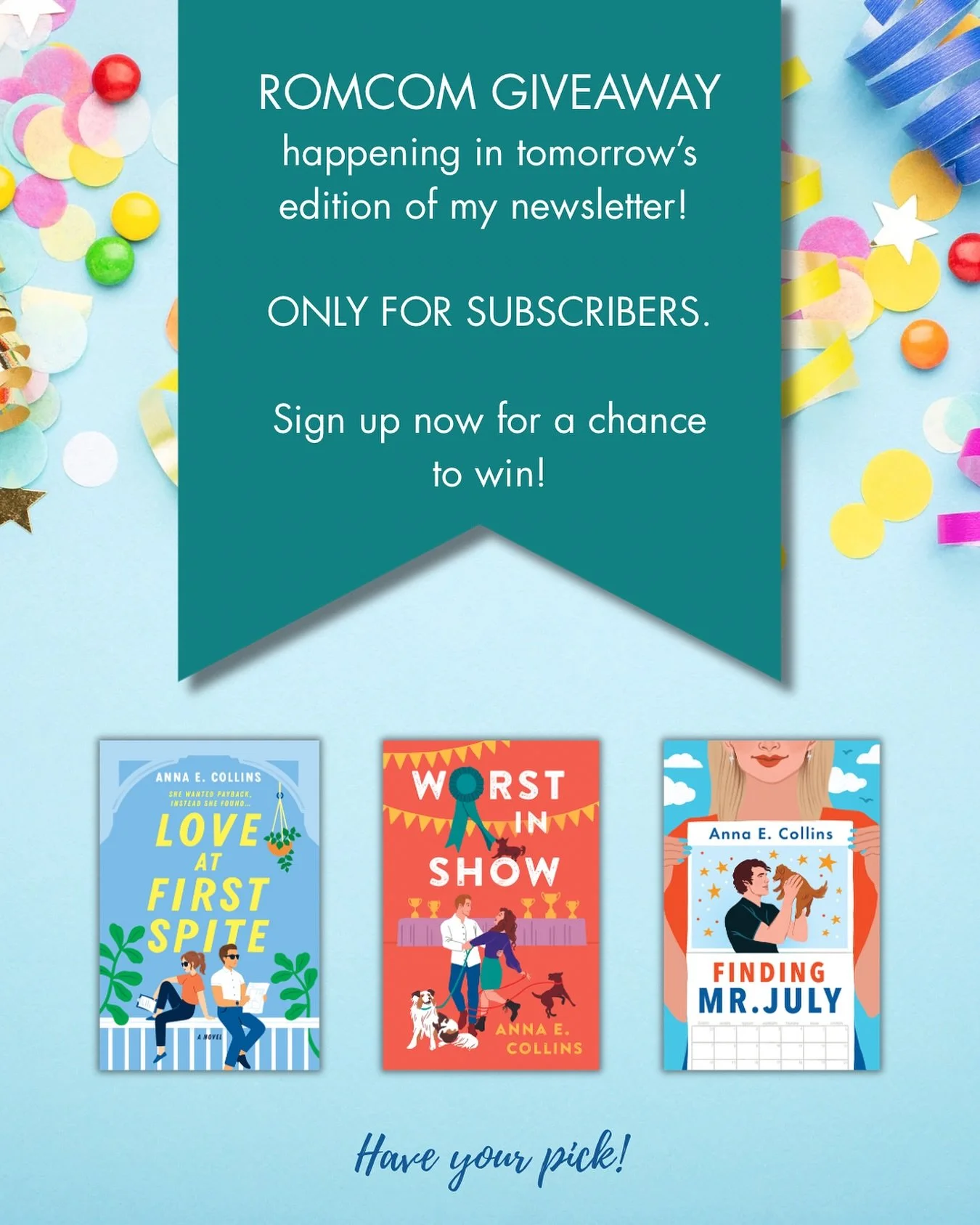 🌟Romcom giveaway over here!🌟

For a chance to win your pick of one of my three romcom paperbacks, sign up for my newsletter today since the giveaway is only open to subscribers, and the rules to play will only be featured in my next newsletter tomo