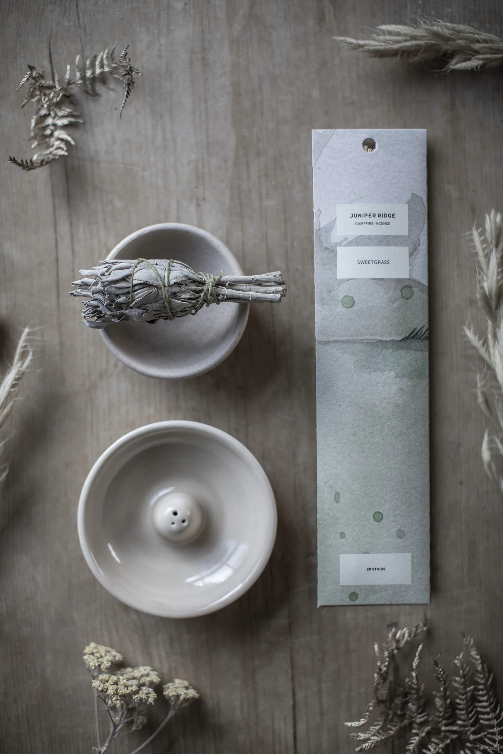 Porcelain incense dish, white sage smudge stick, Juniper Ridge Sweetgrass incense sticks gift set