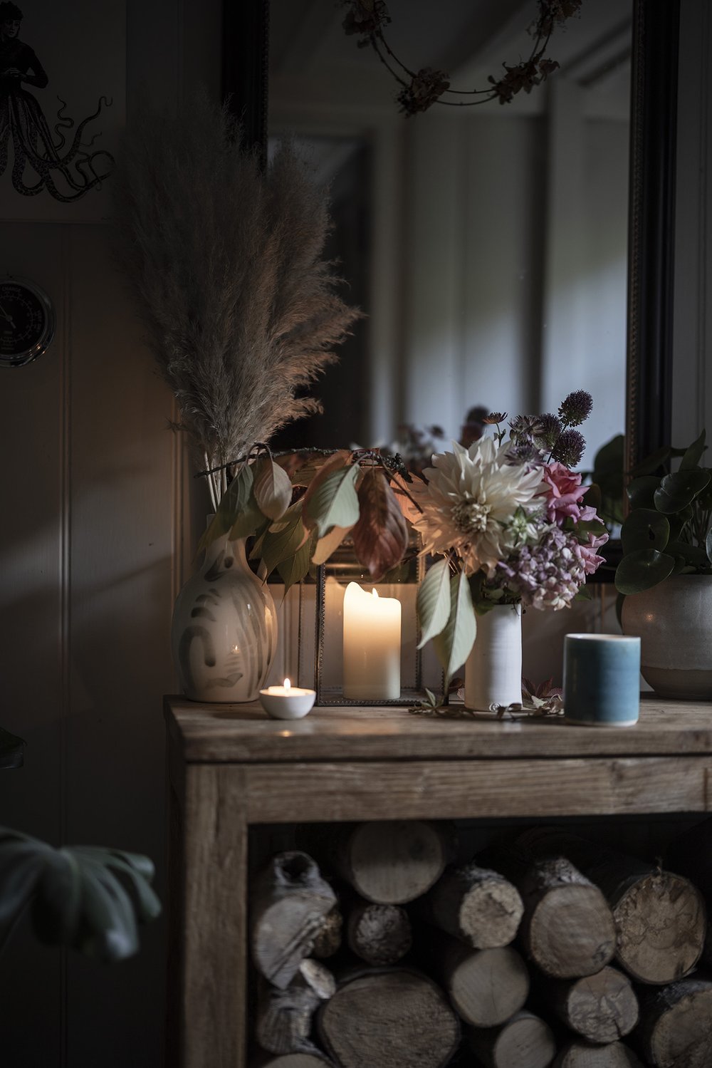 Mixing up fresh flowers with pampas grasses from the garden.