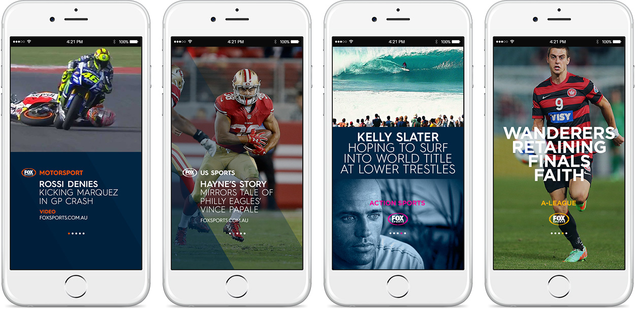 Company: Fox Sports Australia. Title: Senior UI/Visual Designer Over a two year period I was responsible for a great deal of the aforementioned design constructions, along with digital art direction, design mentoring and the daily exercising of creative solutions.