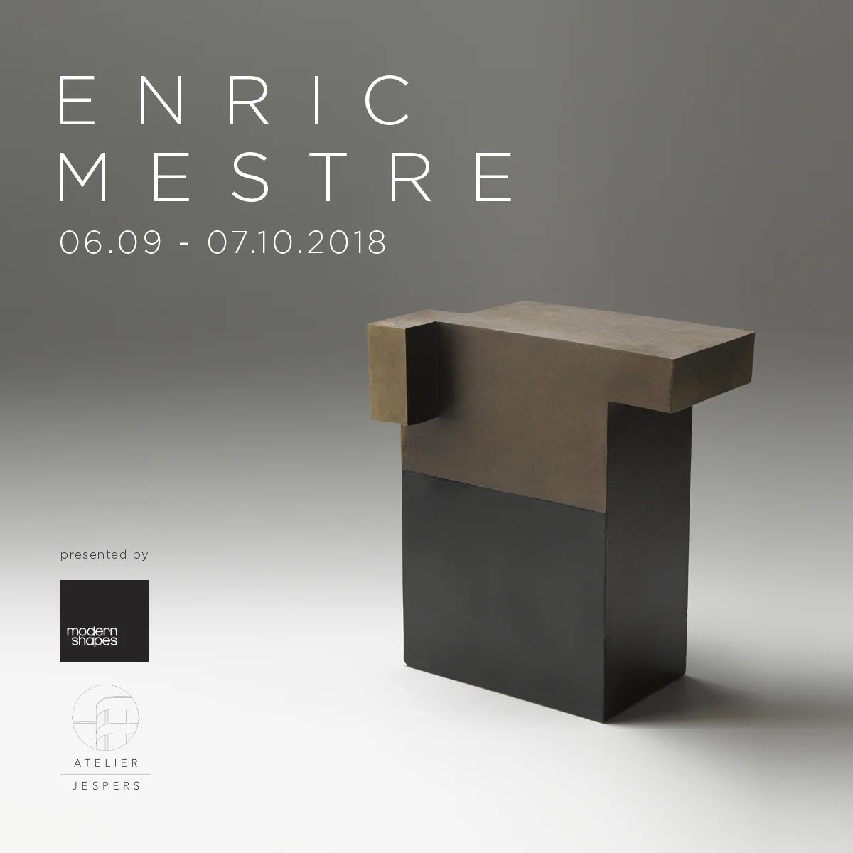 odern Shapes Gallery and Atelier Jespers are pleased to present ARCHITECTURE IMAGINARY, A ENRIC MESTRE SOLO EXHIBITION EXHIBITION from September 06 till October 07 Thursday 06/09 from 13:00 to 18:00 Friday 07/09 from 13:00 to 18:00 Saturday 08/09 OPENING NIGHT from 13:00 to 22:00 Sunday 09/09 from 13:00 to 18:00 Thursday 13/09 from 13:00 to 18:00 Thursday 20/09 from 13:00 to 18:00 Thursday 27/09 from 13:00 to 18:00 Thursday 04/10 from 13:00 to 18:00 and any other day on appointment ATELIER JESPERS Erfprinslaan 149 Avenue du Prince Héritier Brussel 1200 Bruxelles More info HERE How architecture feeds the imagination of art . Despite the fundamental functions that architecture must perform, the best examples continue to inspire artists across all genres with their masterful use of space, harmony and proportion. Modern Shapes Gallerypresents architectural ceramic art by the Spanish master sculptor Enric Mestre. Enric Mestre , born 1936, lives and works in Valencia Spain. He is recognized worldwide, won many international awards and has participated in numerous individual and collective exhibitions around the world. His sculptural objects seem sober spatial constructions: boxlike, slab built architectural structures of austere colours dominated by right angles. But appearances are deceptive: these objects have a poetic charm which saves them from only being rational and cold. The eye of the beholder detects small projections, subtle displacements and slants which, together with the immediate effect of the material, counteract the angularity of the slabs which compose these quiet and well balanced constructions of strict geometrical order. Though these objects are often carefully planned and developed, Eric Mestre with his works insists on intuition – as if obeying a kind of constructive poetics restraining and controlling personal expressions without eliminating them.